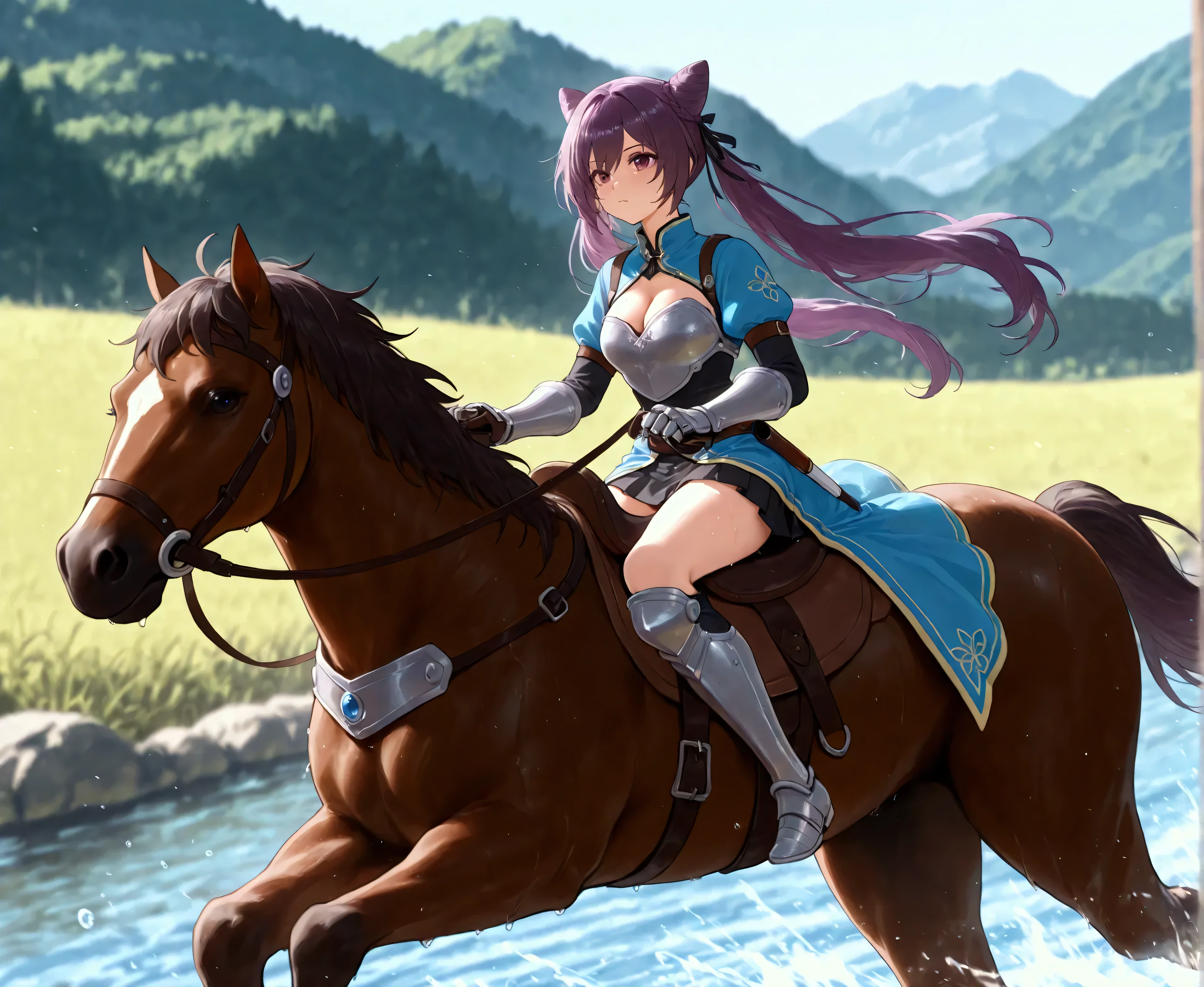score_9, score_8_up, score_7_up, score_6_up, source_anime, BREAK (masterpiece:1.3), (8K, best quality:1.3), Highest image quality, intricate details, high resolution, depth field, Natural light, professional lighting, BREAK riding, horse, (((a young woman wearing in adventurer clothes riding her horse across the river)), ([keqingcs, purple hair, cone hair bun, purple eyes, long hair, double bun, braid, twintails, cleavage, medium breast, wet]), (dress, miniskirt, breastplate, cleavage, gauntlet, gloves, bare legs, greaves, )), BREAK ([brown horse, saddle, reins, bridle, running]), solo, (on the river, mountainside, fantasy settings:1), water splash, both hand holding rein, from side: 1, anatomically correct
