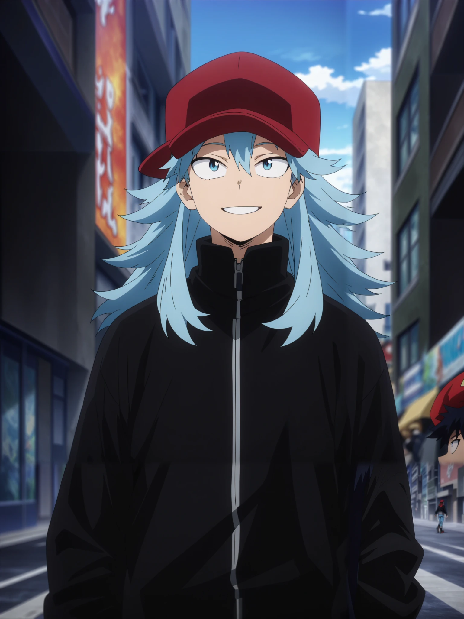(masterpiece, best quality, anime, anime coloring:1.3, superhigh res). 17yo, young, 1man, male. ((Blue hair, blue eyes, long hair. Wearing a red cap, black jacket and blue jeans. Happy smile)) City avenue background, daylight.
My Hero Academia character, MHA style, anime style, my hero academia, boku no hero academia, animated. Anime, Best Quality, Masterpiece, High Resolution, 4K, perfect body, perfect eyes, perfect eyes, Full Quality, colorfull, Looking at viewer, Anime, Anime Style, High Resolution.