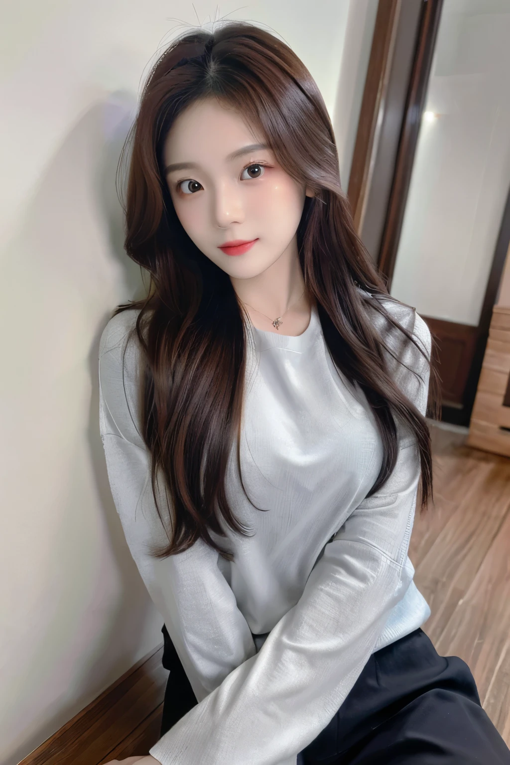 ((Masterpiece, high resolution, ultra detailed, 8k, raw photo)), 1 girl, graceful, soft skin, delicate face, perfect face, perfect eyes, (lying silkworm), brown hair, long hair, long sleeved t-shirt, cargo pants, random pose, sexy girl, (smile: 0.7) 