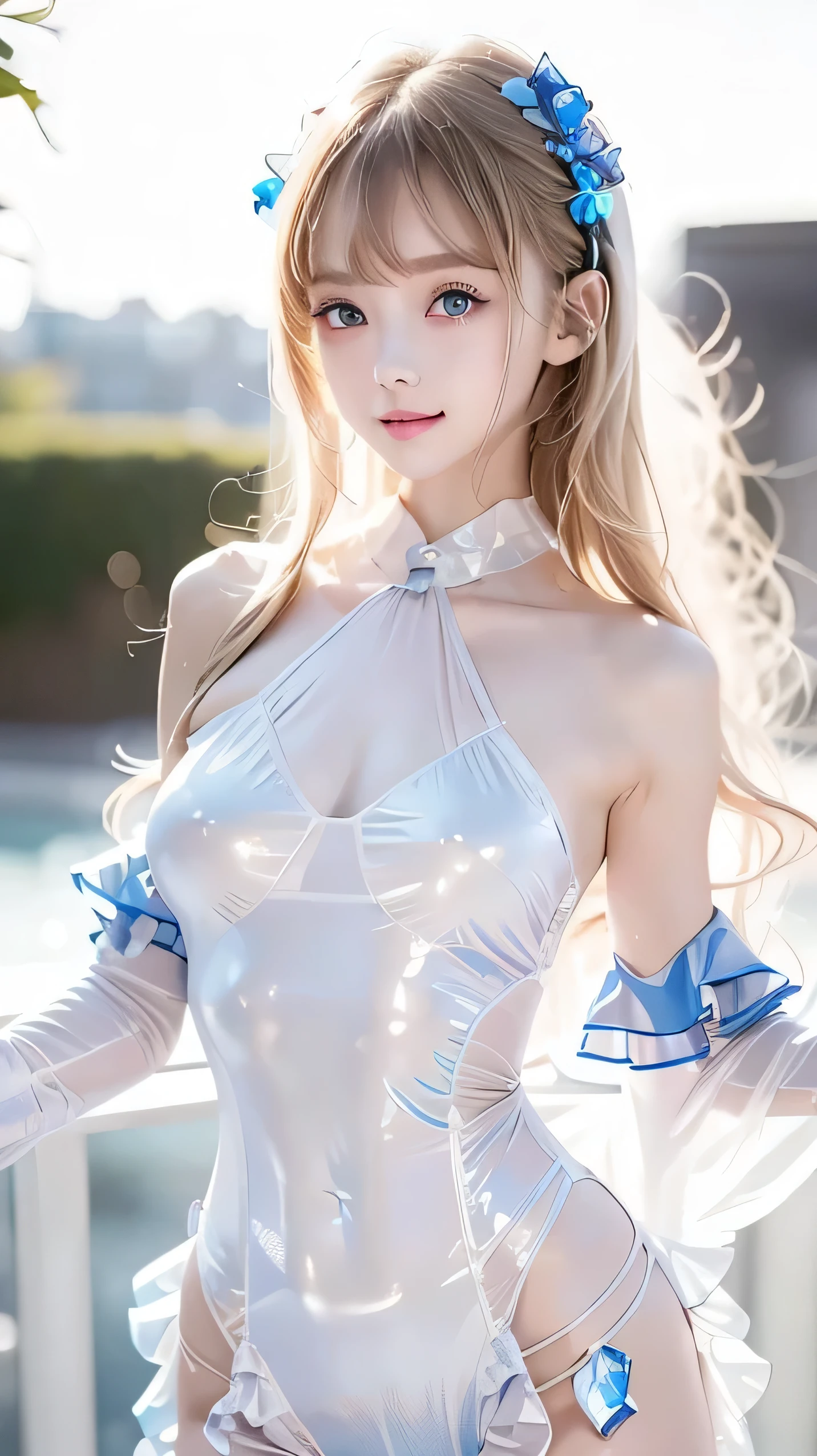 masterpiece, best quality, extremely detailed CG unity 8k wallpaper,((Upper Body)) ,((Upper Body head close-up shot of a beautiful )), , Elegant Long straight blonde hair, (Mckenna Grace), ((flat chest,thighs,Autoluminescence skin)), (Silver-blue) golden (Glittering tutu,long Bunny Ear Headgear, , Bow-tie, No panties, genitals visible), ((spread legs)),(), (Blush), , (seductive smile), (A world of ice and snow), pretty face, key art, award winning, intricate detail realism hdr, by (ruan jia and artgerm and range murata), Photorealism, Hyperrealism, ultra realistic, dramatic light, intense shadows, gorgeous view, depth of field