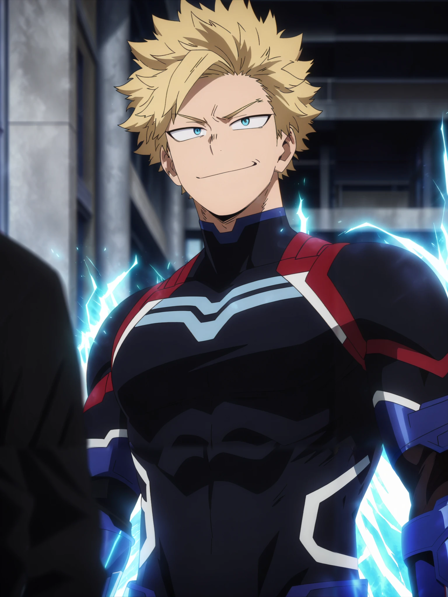 (masterpiece, best quality, anime, anime coloring:1.3, superhigh res). yo, young, 1man, male. ((A muscular man with a strong jawline, short blond hair, and blue eyes. Wears a sleek red, white, and blue armored bodysuit with star-shaped gauntlets that store excess energy. Smirk)) City avenue background, daylight.
My Hero Academia character, MHA style, anime style, my hero academia, boku no hero academia, animated. Anime, Best Quality, Masterpiece, High Resolution, 4K, perfect body, perfect eyes, perfect eyes, Full Quality, colorfull, Looking at viewer, Anime, Anime Style, High Resolution.
