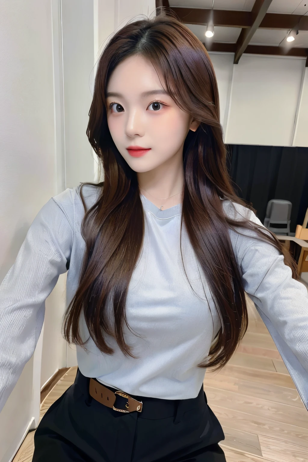 ((Realistic lighting、top-quality、8K、masterpiece:1.3))、Clear focus:1.2、1girl in、flawless beauty:1.4、、Neat and clean clothing、One-piece clothes、Superfine Face、Narrow-eyed、double eyelid、lighting like a movie、photos realistic、28 year old、Face like a K-pop idol、white backgrounid、Gray background、Mature Woman、Classy makeup、Angle of pull、length hair、Longhaire、Long hair、Straight hair、Korea person、Rolled hair