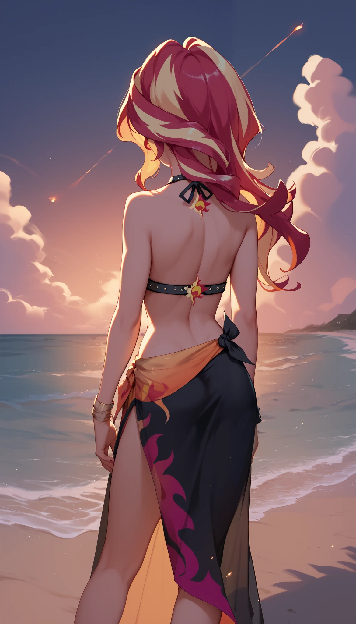 sunset shimmer, beach, night, dark, by a bonfire, from behind, sarong, bare back