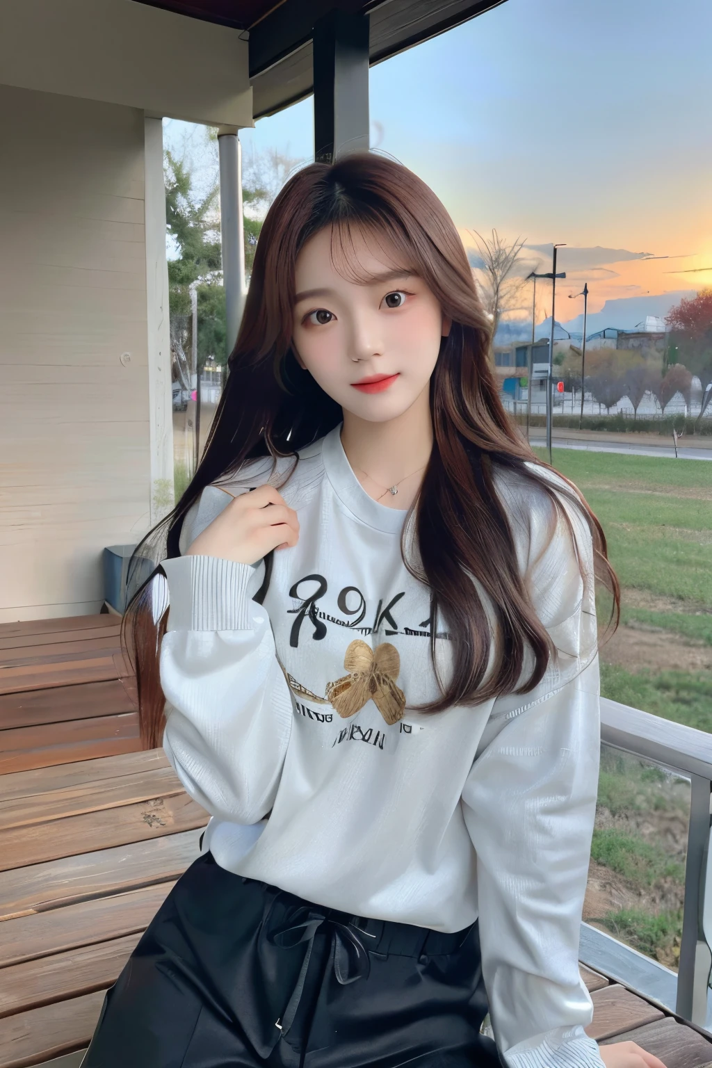 ((Masterpiece, high resolution, ultra detailed, 8k, raw photo)), 1 girl, graceful, soft skin, delicate face, perfect face, perfect eyes, (lying silkworm), brown hair, long hair, long sleeved t-shirt, cargo pants, random pose, sexy girl, (smile: 0.7)