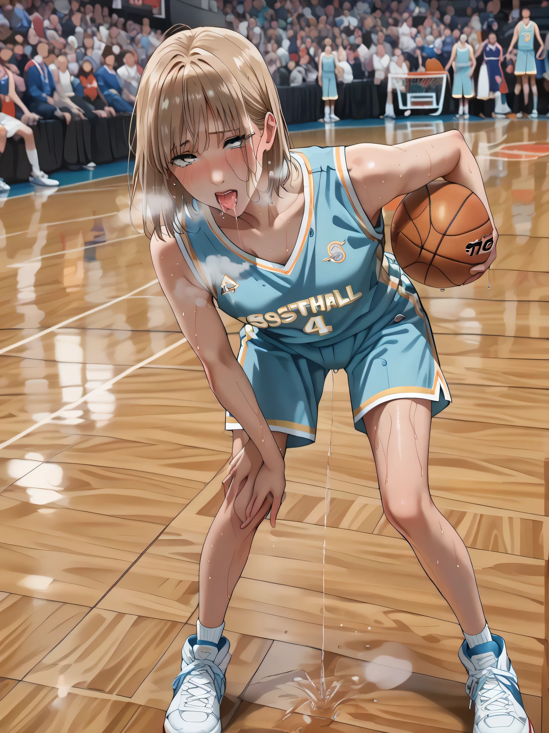 basketball uniform, light brown bob hair, leaning forward, blush, full body, (sexual climax expression:1.3), (sweaty:1.7), (hard breathing:1.5), (Saliva:1.5),