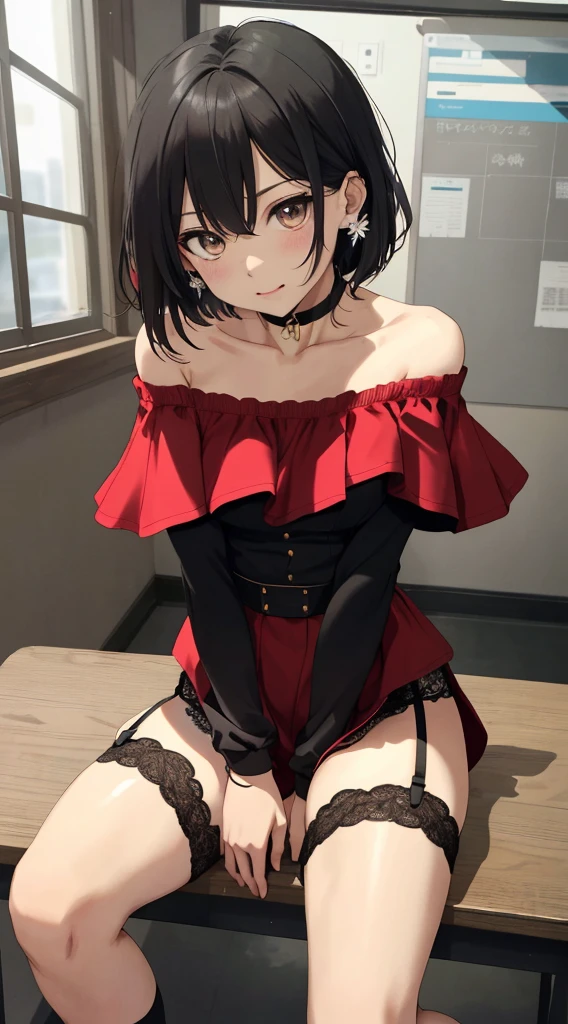 masterpiece, best quality, ultra-detailed, illustration,(1girl), Sarada Uchiha, looking at viewer, close up, (breast focus), (arms behind back:1.2), (from above:1.1), black hair, Medium breasts, (breasts out:1.3), (off shoulder:1.1), lace underwear, random pantyhose, black hair, red eyes, Sharringan eyes,