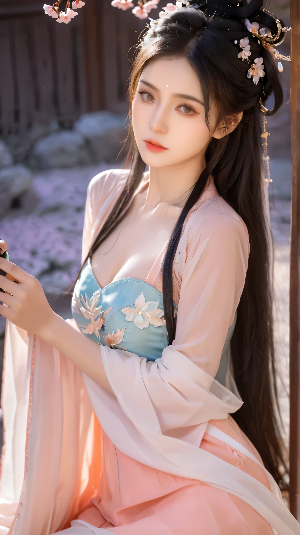 Realistic photo of (1 cute Korean actress) long straight hair, thin makeup, medium breasts, long dress, close up, Canon EOS clear facial features 8K high resolution, sharp detail, realistically, chinese ancient background, (pink cyan theme)