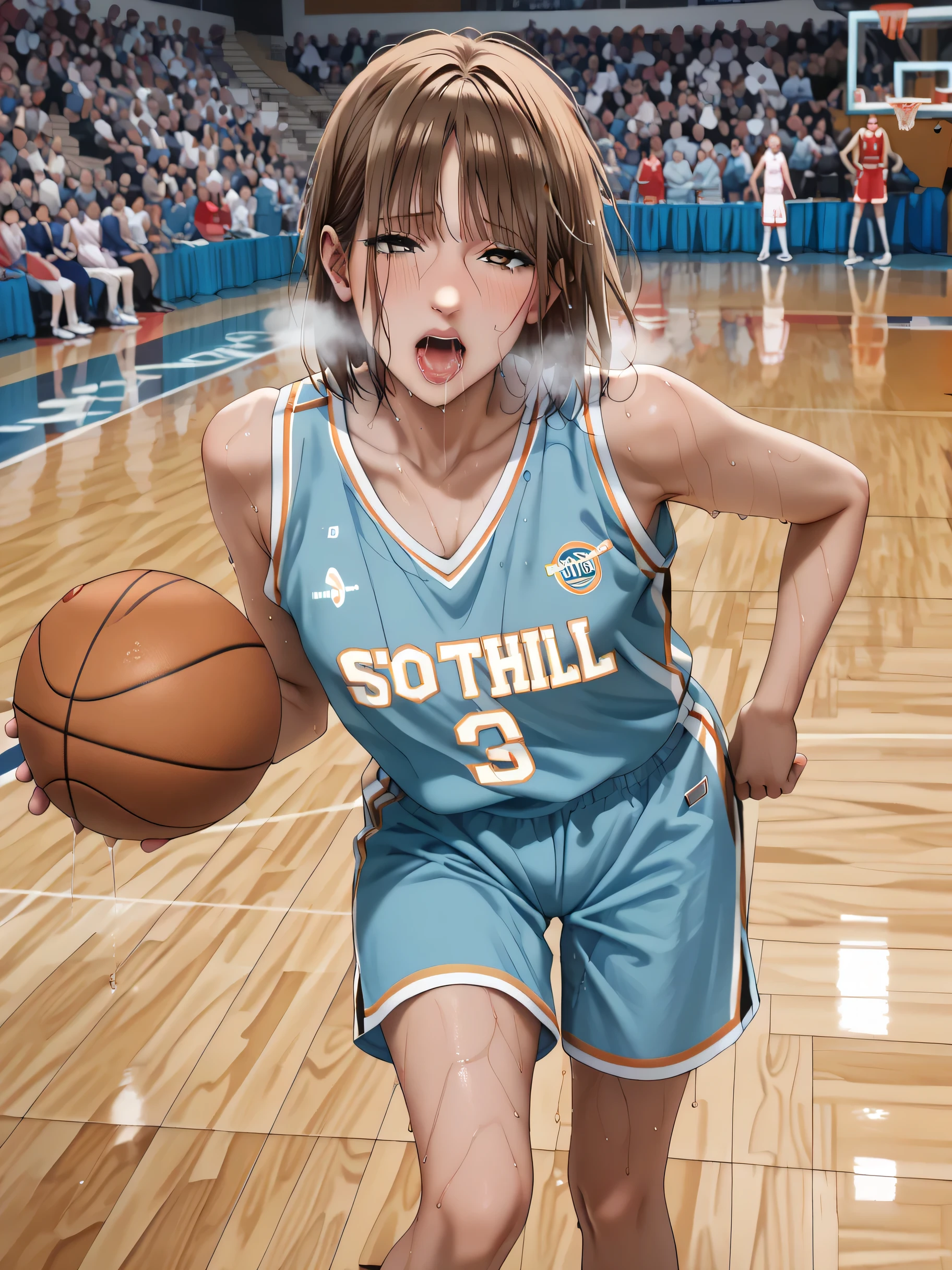 basketball uniform, brown bob hair, leaning forward, blush, full body, (sexual climax expression:1.3), (sweaty:1.7), (hard breathing:1.5), (Saliva:1.5),