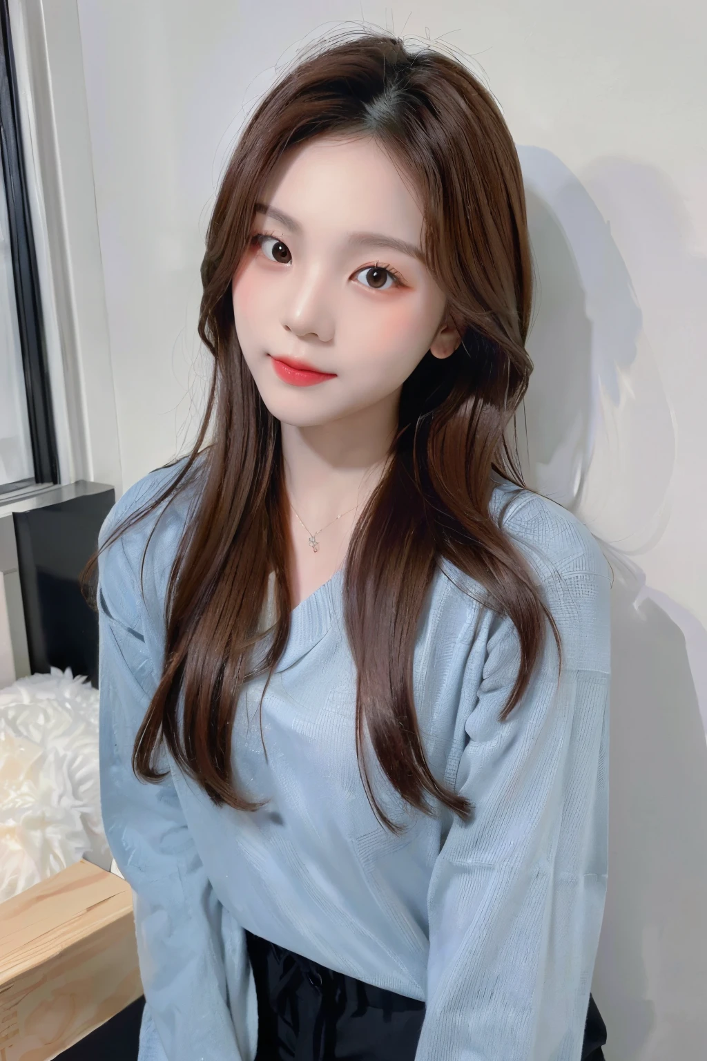 ((Masterpiece, high resolution, ultra detailed, 8k, raw photo)), 1 girl, graceful, soft skin, delicate face, perfect face, perfect eyes, (lying silkworm), brown hair, long hair, long sleeved t-shirt, cargo pants, random pose, sexy girl, (smile: 0.7)