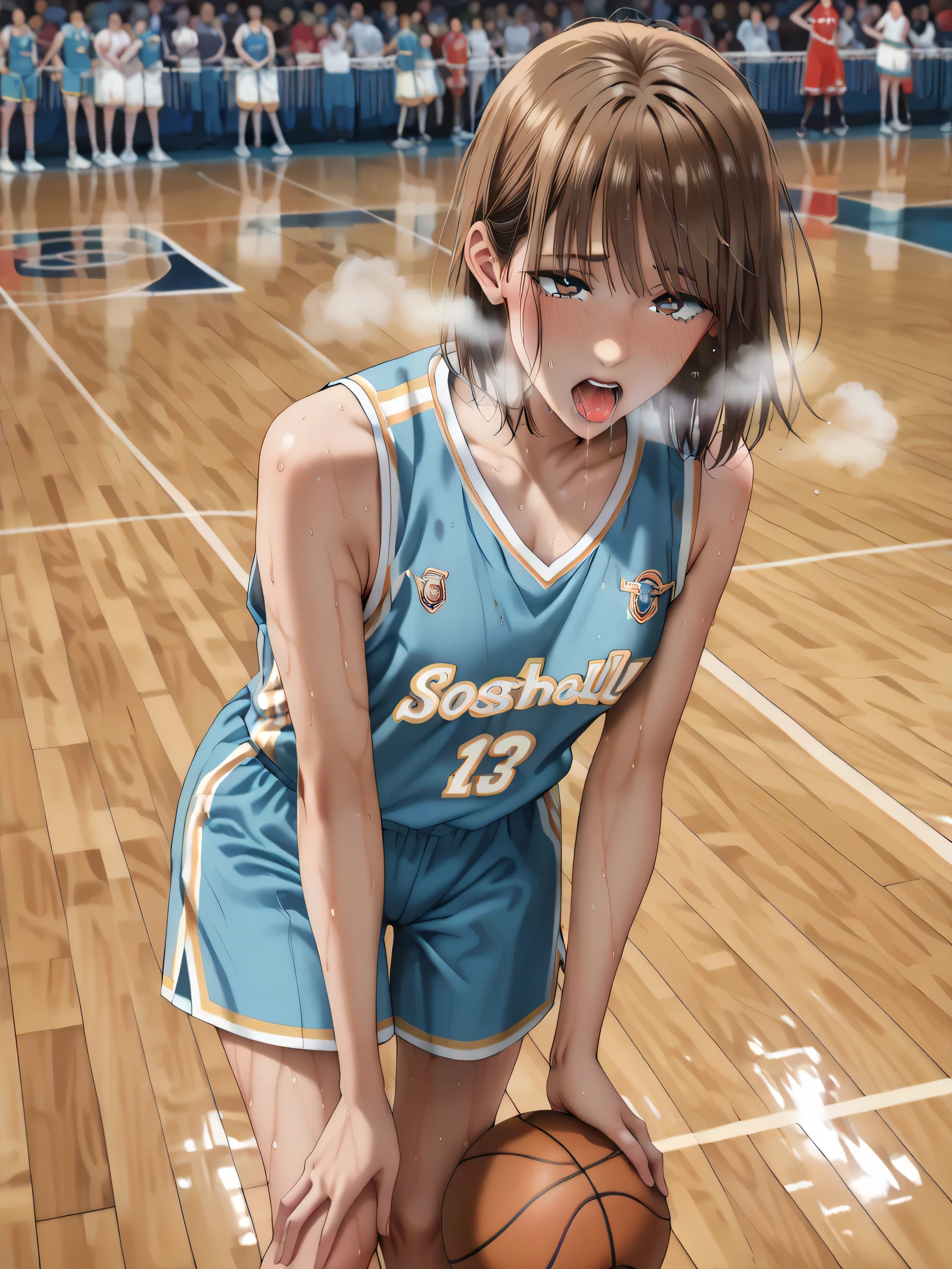 Woman basketball game, basketball uniform, brown bob hair, leaning forward, blush, full body, (sexual climax expression:1.3), (sweaty:1.7), (hard breathing:1.5), (Saliva:1.5),