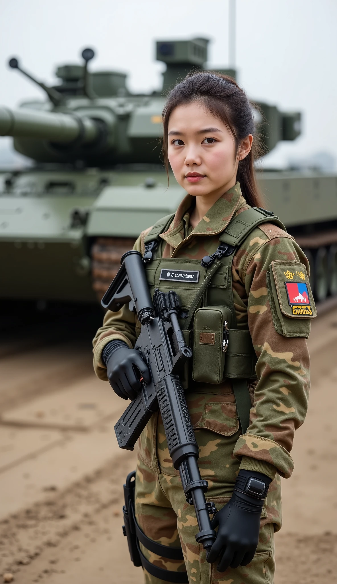 A beautiful young woman from South Korea, approximately 25 years old, stands confidently as an officer in her country’s elite tank combat unit. She wears a meticulously designed tactical camouflage uniform tailored for the tank corps, offering both functionality and professionalism. Her attire is complemented by black tactical gloves, emphasizing her readiness for action and attention to detail in a high-stakes environment.
She holds a sleek submachine gun (SMG) across her chest, gripping it with precision and confidence. Her expression is one of calm determination, reflecting the discipline and strength expected of a leader in such a critical role.
In the background stands South Korea’s most advanced battle tank, its modern design and cutting-edge technology prominently displayed. The tank’s angular armor and imposing turret loom over the scene, symbolizing the power and innovation of the nation’s military forces.
The setting is a military training ground, with hints of dust and tracks in the soil to signify ongoing readiness and preparation. The woman stands with a commanding posture, her feet planted firmly as though preparing for an inspection or gearing up for a mission. Her tactical gear, combined with her composed demeanor, makes her a striking figure—both as a skilled warrior and a symbol of South Korea’s technological and military excellence.