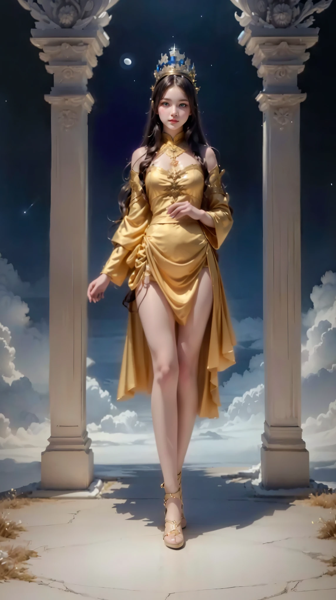  anime girl in a white dress with a sword and a crown, moon themed outfit, fancy dress,  cute waifu anime in a cute dress ,  Astral Witch Clothes ,  wearing formal costume clothing , intricate fancy dress, cotton cloud wizard clothes , Estilo Lineage 2 Revolution, fantasy clothing style, fancy dress, full body xianxia,  beautiful heavenly wizard , flowing magic cloak , Standing seductive pose，
([long hair hair]:1.8), (full body:1.8), (upper body up:0.3), (hyper realistic:1.4), (realistic:1.3), (best quality real texture skin), Detailed eyes, detailed face, PERSEPHONE, persephone, (SFW:1.5) hyperrealistic, LESS saggy breasts, (SMALL BREASTS:1.5), (HUGE LEGS:1.5), (LESS THIGHS:1.5),  Perfect Legs,  Perfect Legs, pernas added, pernas added e perfeitas,  shapely legs,  shapely thighs, pernas added, Smooth thighs. ( erotic pose :1.5), ( thick eyebrows :1.2), (Big purple eyes:1.2), ( ultra detailed eyes :1.4), ( high resolution eyes :1.1), ( ultra detailed skin texture :1.4), (Beautiful toned body:1.1), cameltoe