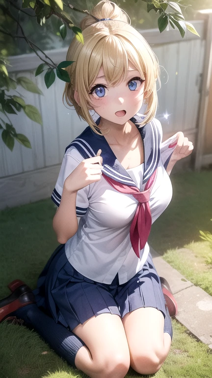 (masterpiece, highest quality), blonde short hair, (schoolgirl uniform, pleated mini skirt), wearing VR goggles over eyes, open mouth, holding 2 VR controllers in hands, sitting on the floor, knees up, knees to chest, pose with legs spread, (white cotton panties), cameltoe, in her room, bare feet, bare legs, ((showing off crotch, showing off panties)),
