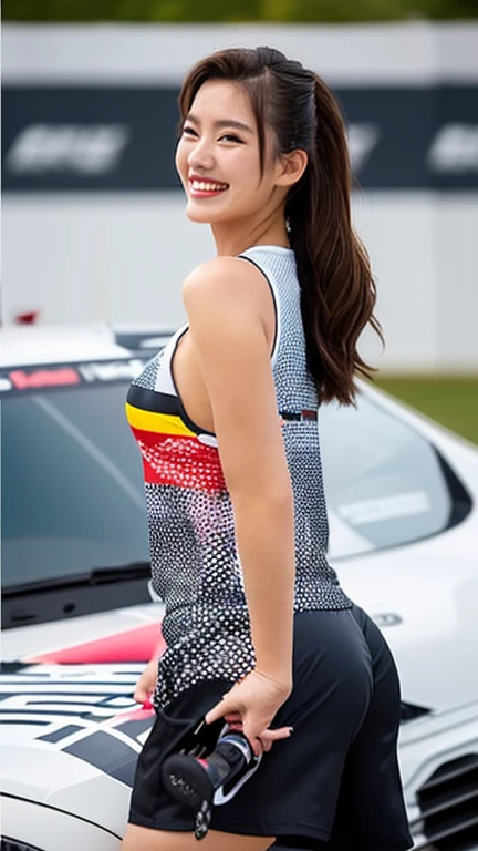 High resolution 8K、( highest quality), Super detailed, (masterpiece), realistic, Highly detailed cute girl,( 25 years old), (Full body to toes:1.2)、(shot from the side:1.2)、(sitting on the hood of a car)、(lace queen)、(sexy pose)、(Stretch Pose)、(big breasts)、(big ass)、(smile at the camera)、( Smile while looking at the camera ),(full body shot:1.2) ,(Side view:1.2)、(side shot:1.2)、(ponytail)、(photorealistic:1.3)、(Sponsored and wearing grid girl costume'logo is printed.:1.3), (shorts) , (sitting in a motorsport race), (Tamiya)、(SoftBank)、(looking at me and smiling)、