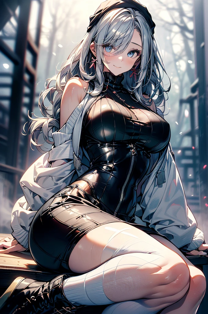 ((A young woman wears a sexy white dress:1.3, cable cardigan:1.3, close-up of chest:1.37, sexually seductive:1.3)), Mature woman with long hair and white dress, blue military uniform, red ribbon, Knee-length boots, White and blue winter outfit, full body, great details, beautiful anime illustrations, 26 years old, Take a break, ((milf:1.5, alone:1.5)), (NRF:1.25), (Sagging breasts, refuge chest, big , Thin waist, big ass:1.2), Increase sexiness, (Ultra high resolution, ภาพถ่าย RAW 8k, Realistic picture, Thin outline:1.3, Focus clearly, best quality, natural light, Textile shading, blurred background, depth of field, Bokeh, (Bright pupils:1.2, Beautiful, detailed eyes with highlights.:1.3, Highly detailed eyes, Highly detailed face), red lips, Good realistic skin:1.1, look at the audience:1.3, (Dynamic angle:1.3, Focus Target:1.3, from below:1.4), (Many poses:0.0, sexy pose:1.3, นั่ง with opening legs shaped M:1.5), (charming, Smile sexy too.:1.4), The picture in the middle:0.2, (He wore a long white robe with holes and clothes.:1.1, bare breast:1.2),, Dark brown long leather boots:1.3, translucent lace stockings), (((correct anatomy:1.5))), ((perfect hand:1.5, Ideal body proportions:1.37)), (one night:1.3), Military Base