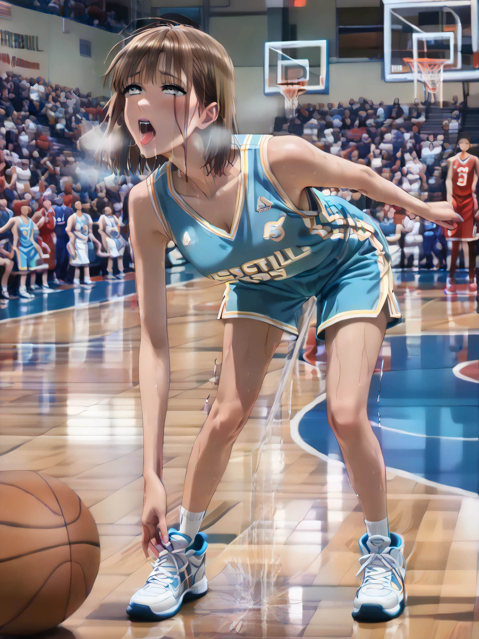 Woman basketball game, basketball uniform, brown bob hair, leaning forward, blush, full body, (sexual climax expression:1.3), (sweaty:1.7), (hard breathing:1.5), (Saliva:1.5), closed mouth, (Trembling at sexual climax:1.5), (motion:line:1.5),