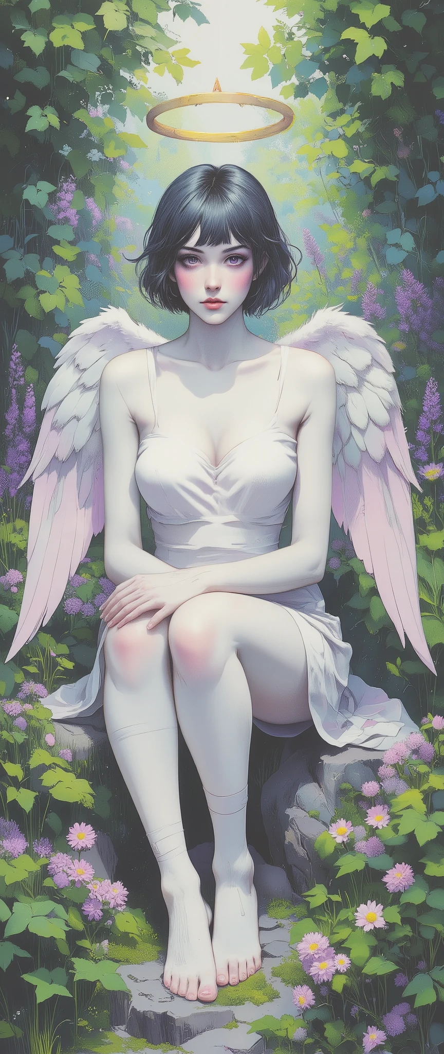 Black Hair,short hair,black eye,Angel's wing,Black clothes,Gender unknown,Expressionless,The lines are a little rough, best quality, masterpiece, 748cmstyle, 1girl, angel wings, white skirt, glitch, halo, bandaid on leg, black hair, barcode, school uniform, white neckerchief, black socks, long sleeves, medium hair, black shirt, dot mouth, white sailor collar, pleated skirt, serafuku, purple eyes, gauze, white wings, simple background, sitting, looking at viewer, blue background, blunt bangs, pale skin, sleeves past wrists, blush, long bangs, feet out of frame, kneehighs, feathered wings, ear piercing, knees up, no mouth, english text, bandaid on knee, colored inner hair, head tilt, bandages, empty eyes, sidelocks, purple background, Sunlight filters through the leaves above, creating dappled patterns of light and shadow on her face and the grass. The background features dense greenery and a serene, natural atmosphere, emphasizing the quiet harmony between the woman and her surroundings. The composition captures a moment of restful solitude in nature, with warm lighting and soft textures that highlight the peaceful mood. dreadmirthart