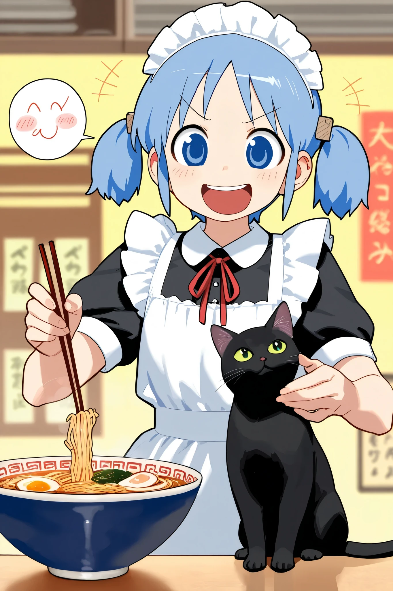 1girl\(naganohara mio\) and black cat\(sakamoto_(nichijou)\) ,1girl outfit maid dress,smile expression, She is holding a huge ramen by the simple table in the ramen shop, huge bowl of gorgeous ramen,cat on the table,looking ramen bowl,background\(modern ramen shop but decorated with stylish furnishings\),best quality, 8k