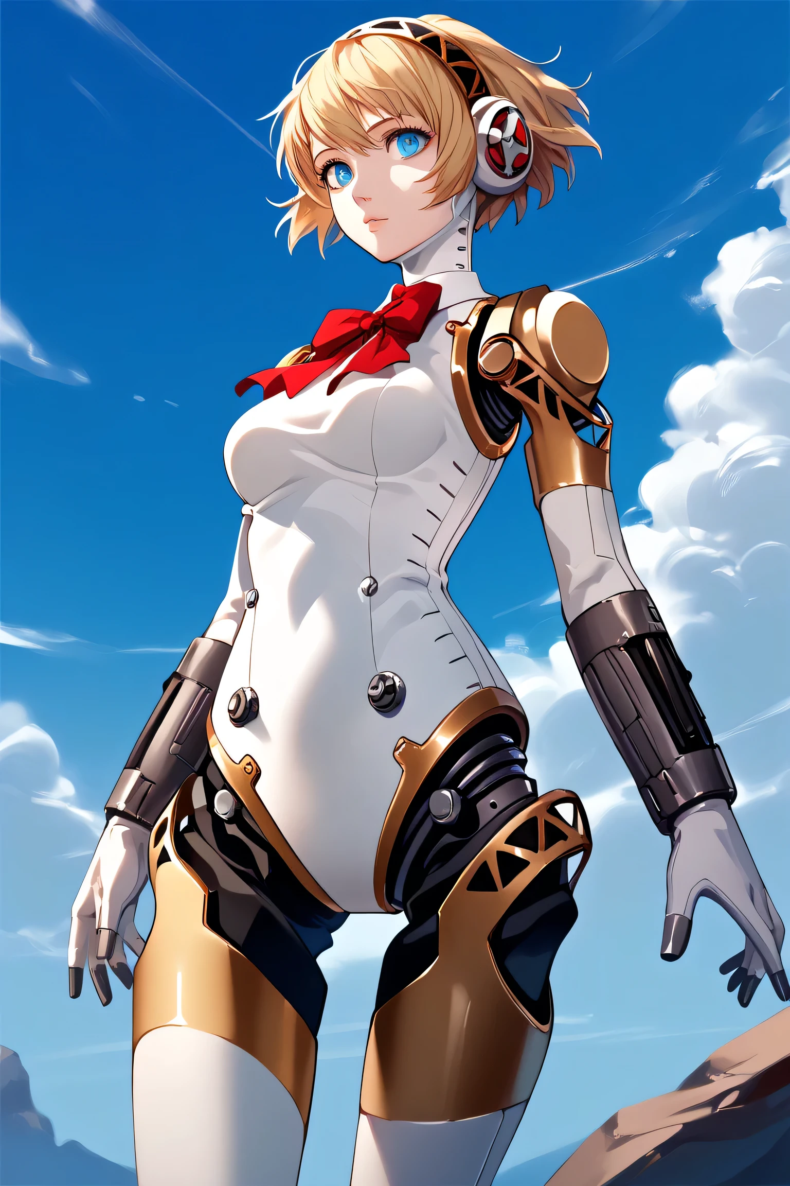 score_9, score_8_up, score_7_up, masterpiece, best quality, detailed, source_anime, 1girl, solo, android, robot, robot hips, robot shoulders, mechanical parts, Aegis_Persona, blue eyes, robot joints, hairband, headphones, red bow, leotard, medium breasts, (thigh gap), slim, standing, outdoors, cowboy shot, zPDXL3, Expressiveh