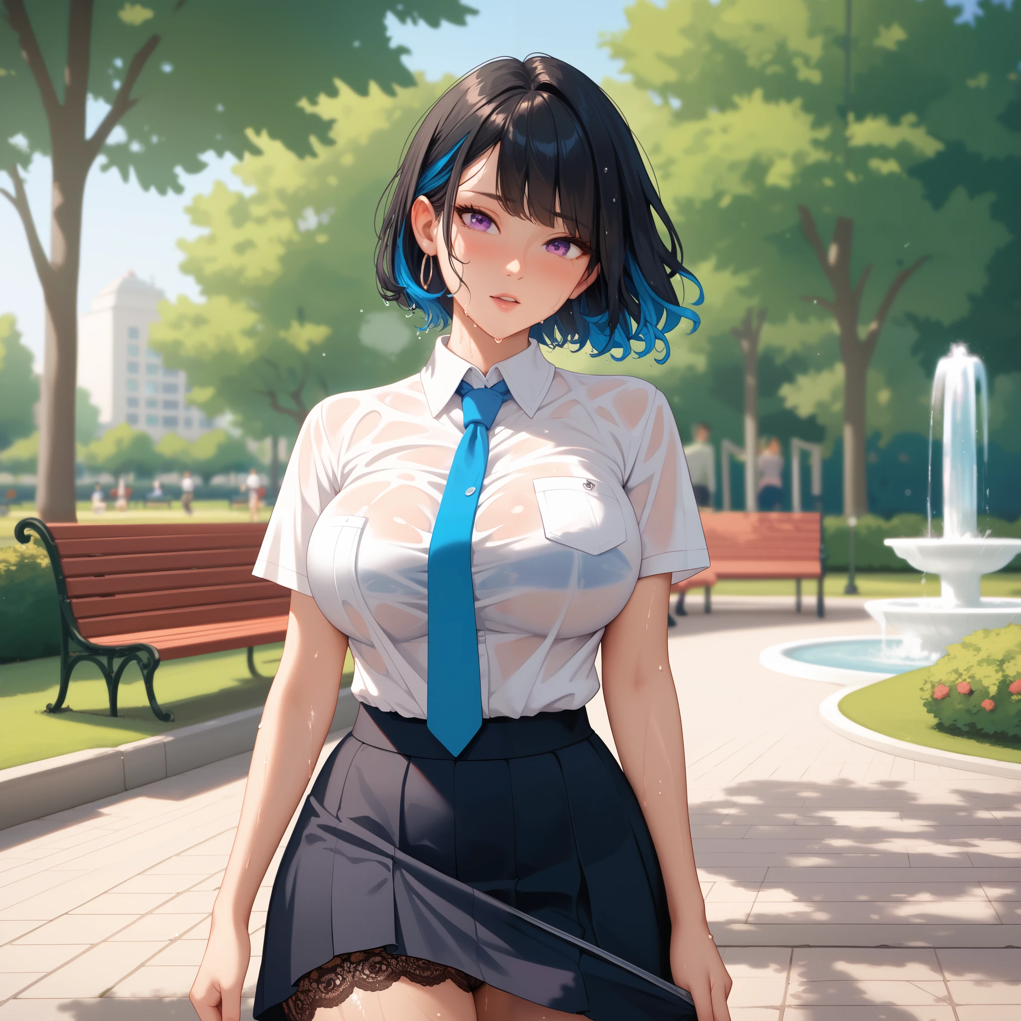 walking in the park, pulling down her skirt with her hand, black lace panties, transparent, from below, sweat, wet skin, curvy hips, loving look, embarrassment, white cotton shirt, collar, strict black skirt, large breasts, blue tie, hair highlights, black hair with a red tint, bob haircut with long front curls, park, fountain, sunny day, bench, path, 1 girl, beautiful expressive purple eyes with a blue tint, posing, depth of field, blur, very high quality, masterpiece, compositing, medium focus,