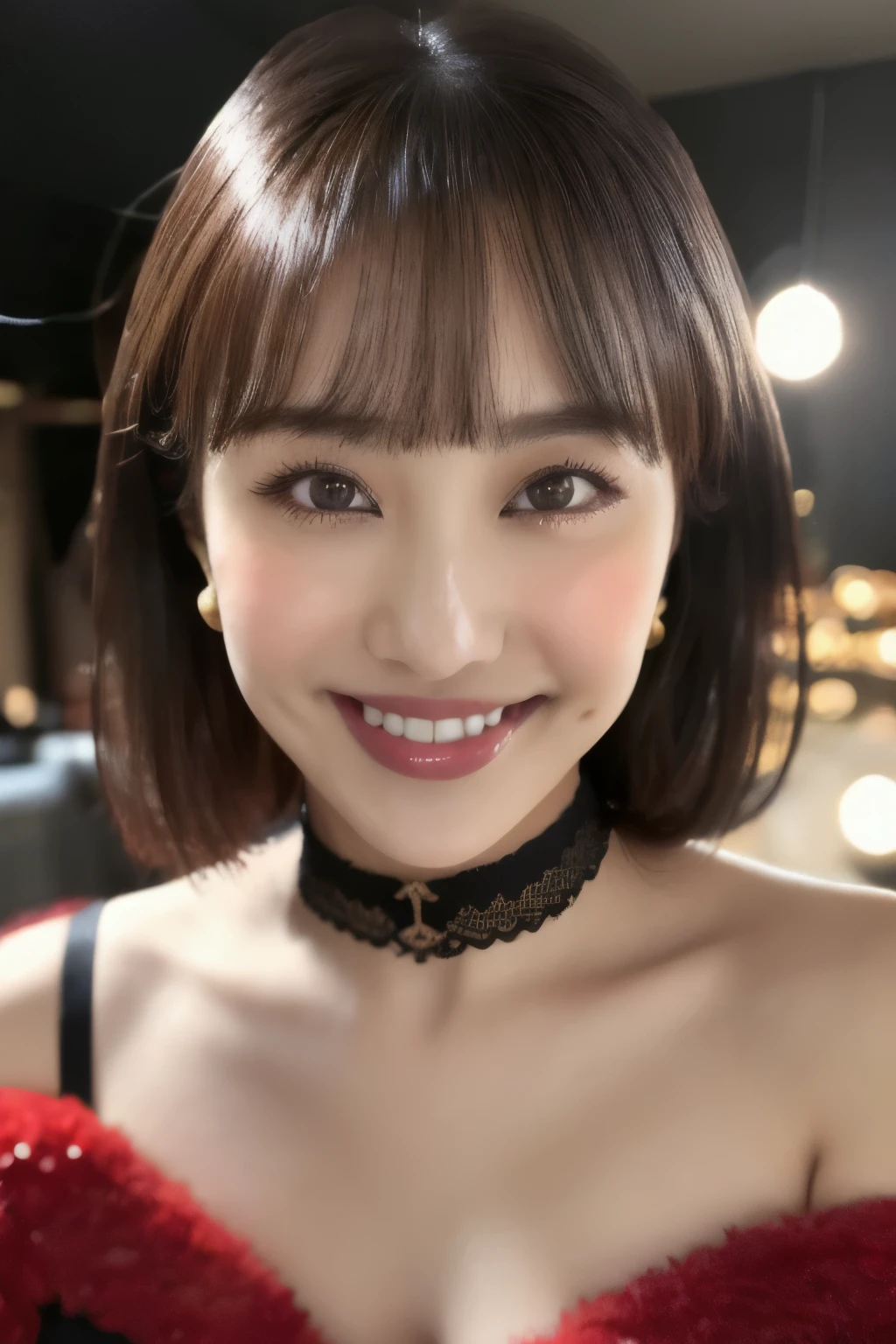 (( gray leotard)), (( Japanese girl))、Light up your face、(masterpiece, top quality, The beautiful quality of , photorealistic , detailed lighting , Extremely detailed skin, Extremely Detailed Hair ,8k, black hair, upper body, One Girl , smile, Watch Viewers , Dimples, Dimpless on cheeks, fc portrait:1.2), bangs、 Red Choker 、 off shoulder、Accurate Eyes、 in ultra high quality、