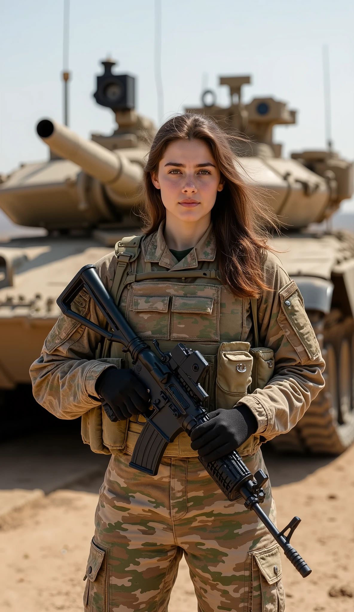 A beautiful young woman from Syria, around 25 years old, stands confidently as an officer in the tank combat unit of her country. She wears a camouflage uniform that reflects the colors and patterns specific to the Syrian armed forces, designed to blend into desert and urban terrains. Her attire is enhanced by black tactical gloves, which emphasize her readiness and professionalism.
She holds a modern submachine gun (SMG) securely across her chest, her grip steady and firm, symbolizing her role as both a leader and a combatant. Her expression is one of determination and resilience, reflecting the strength and focus needed in her demanding position.
Behind her stands Syria's most advanced battle tank, a powerful and imposing machine with reinforced armor and a well-maintained exterior. The tank’s turret and mounted weaponry showcase the capability and readiness of the Syrian forces.
The setting is a rugged military base with a backdrop of arid desert terrain, scattered with other armored vehicles and equipment. The woman stands tall and poised, exuding confidence and authority as she represents the dedication and courage of her nation’s military personnel. Her tactical gear, combined with her composed stance, portrays her as a skilled and reliable officer in Syria’s elite tank unit.