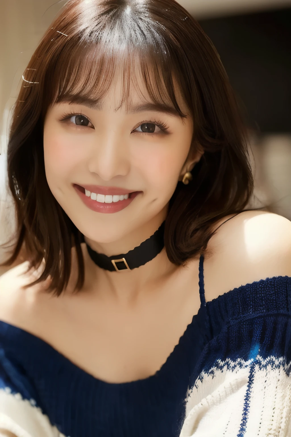 (( knitted sweater )), (( Japanese girl))、Light up your face、(masterpiece, top quality, The beautiful quality of , photorealistic , detailed lighting , Extremely detailed skin, Extremely Detailed Hair ,8k, black hair, upper body, One Girl , smile, Watch Viewers , Dimples, Dimpless on cheeks, fc portrait:1.2), bangs、 Red Choker 、 off shoulder、Accurate Eyes、 in ultra high quality、