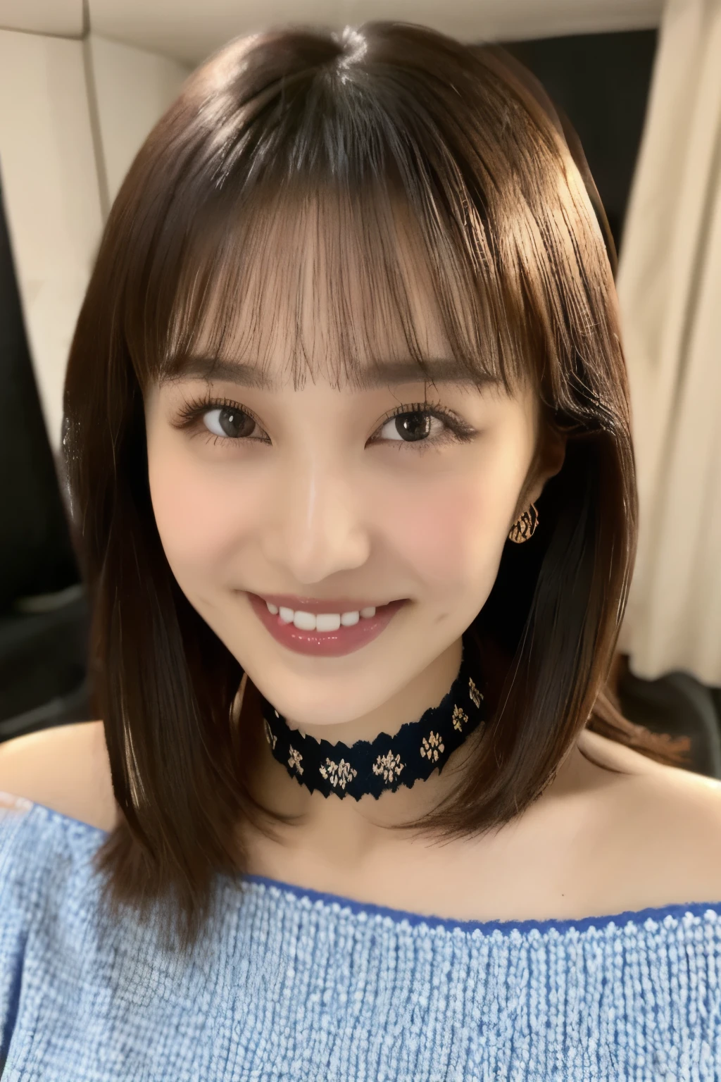 (( knitted sweater )), (( Japanese girl))、Light up your face、(masterpiece, top quality, The beautiful quality of , photorealistic , detailed lighting , Extremely detailed skin, Extremely Detailed Hair ,8k, black hair, upper body, One Girl , smile, Watch Viewers , Dimples, Dimpless on cheeks, fc portrait:1.2), bangs、 Red Choker 、 off shoulder、Accurate Eyes、 in ultra high quality、