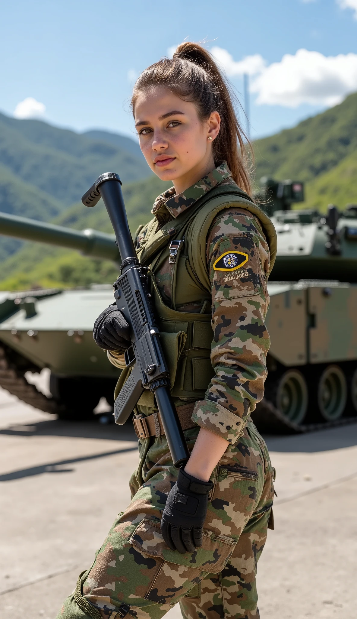 A beautiful young woman from Brazil, approximately 25 years old, confidently poses as an officer in the Brazilian tank combat unit. She wears a camouflage uniform in the green and brown tones characteristic of the Brazilian armed forces, tailored to blend into the country’s diverse terrain. Her uniform is complemented by black tactical gloves, emphasizing her readiness for action.
She holds a modern submachine gun (SMG) securely across her body, showcasing her strength and professionalism. Her expression is focused and determined, embodying the spirit of a skilled and disciplined military leader.
The background features Brazil’s most advanced battle tank, a cutting-edge machine with a sleek, modern design and robust armor. The tank is painted in a matching camouflage pattern, highlighting its integration into the Brazilian military. It stands parked on a concrete surface, its turret slightly angled, emphasizing its readiness for deployment.
The setting includes a military base with a backdrop of lush green hills and clear blue skies, symbolizing Brazil’s natural beauty. The woman is positioned in a three-quarter view, slightly turned to the left, offering a commanding and confident stance. Her tactical attire and the advanced tank behind her create a striking scene of strength, leadership, and modern military power.