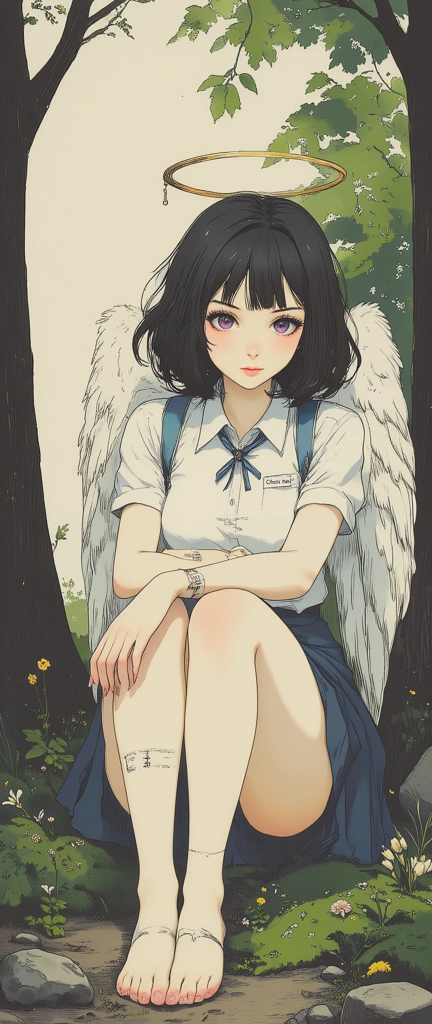 Black Hair,short hair,black eye,Angel's wing,Black clothes,Gender unknown,Expressionless,The lines are a little rough, best quality, masterpiece, 748cmstyle, 1girl, angel wings, white skirt, glitch, halo, bandaid on leg, black hair, barcode, school uniform, white neckerchief, black socks, long sleeves, medium hair, black shirt, dot mouth, white sailor collar, pleated skirt, serafuku, purple eyes, gauze, white wings, simple background, sitting, looking at viewer, blue background, blunt bangs, pale skin, sleeves past wrists, blush, long bangs, feet out of frame, kneehighs, feathered wings, ear piercing, knees up, no mouth, english text, bandaid on knee, colored inner hair, head tilt, bandages, empty eyes, sidelocks, purple background, Sunlight filters through the leaves above, creating dappled patterns of light and shadow on her face and the grass. The background features dense greenery and a serene, natural atmosphere, emphasizing the quiet harmony between the woman and her surroundings. The composition captures a moment of restful solitude in nature, with warm lighting and soft textures that highlight the peaceful mood. dreadmirthart