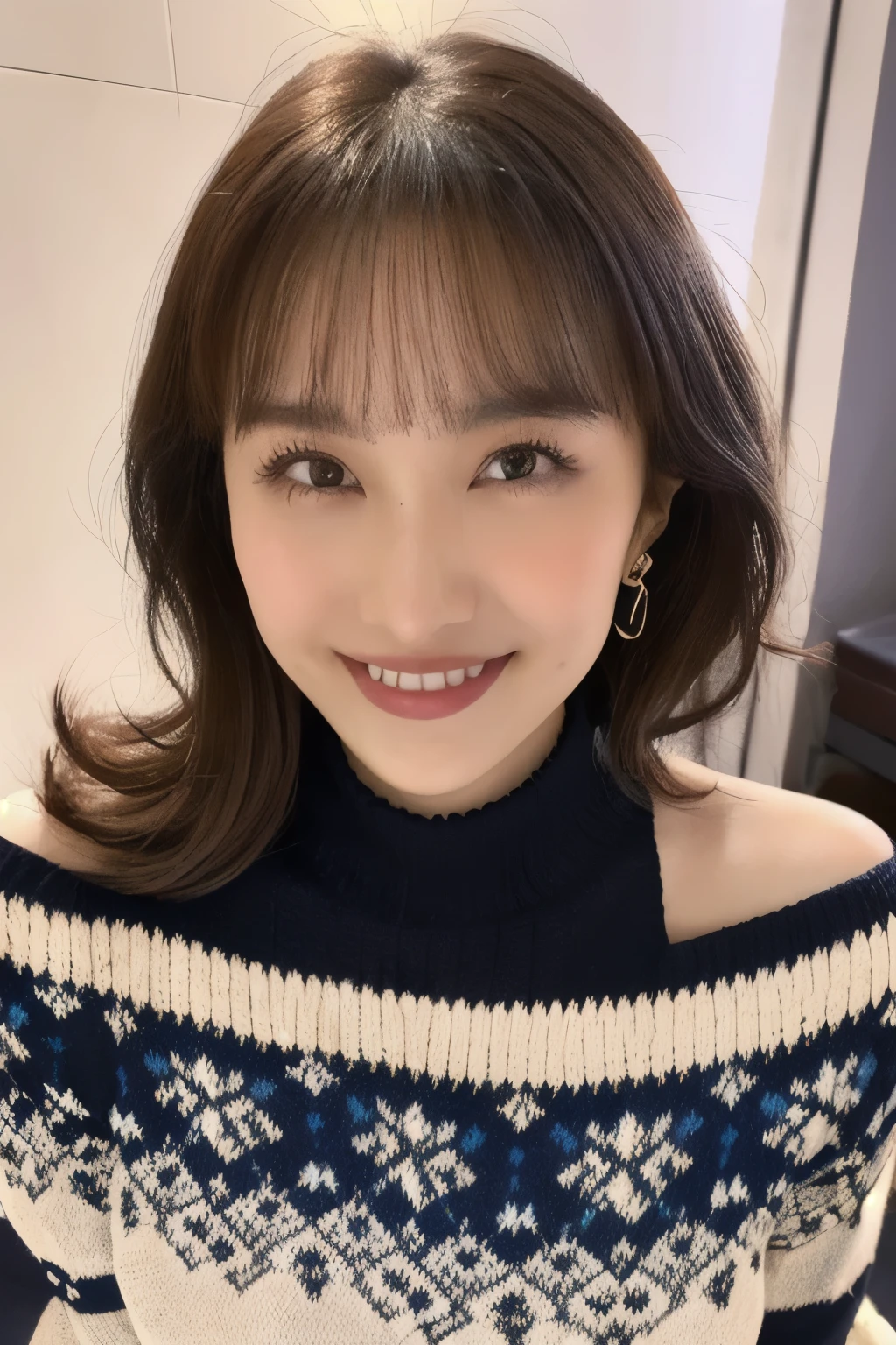 (( knitted sweater )), (( Japanese girl))、Light up your face、(masterpiece, top quality, The beautiful quality of , photorealistic , detailed lighting , Extremely detailed skin, Extremely Detailed Hair ,8k, black hair, upper body, One Girl , smile, Watch Viewers , Dimples, Dimpless on cheeks, fc portrait:1.2), bangs、 Red Choker 、 off shoulder、Accurate Eyes、 in ultra high quality、
