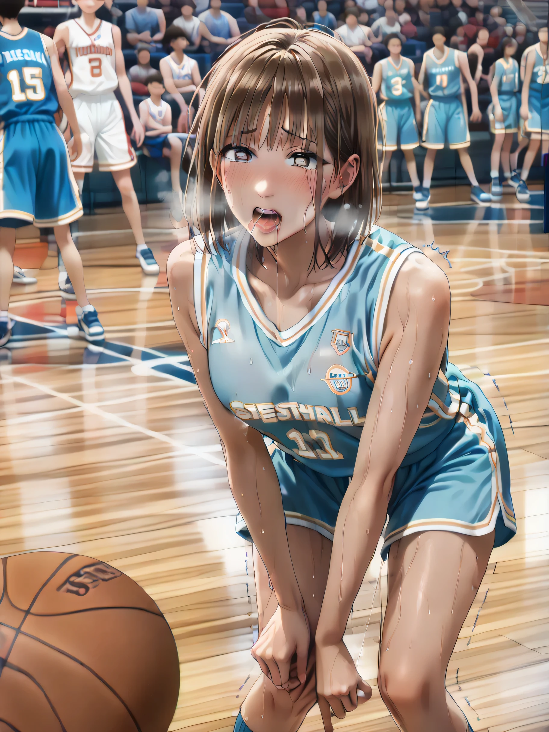 Woman basketball game, basketball uniform, brown bob hair, leaning forward, blush, full body, (embarrassed expression:1.3), (sweaty:1.7), (hard breathing:1.5), (Saliva:1.5), mouth hold, (Trembling at sexual climax:1.5), (motion:line:1.5), spit take, endured face,