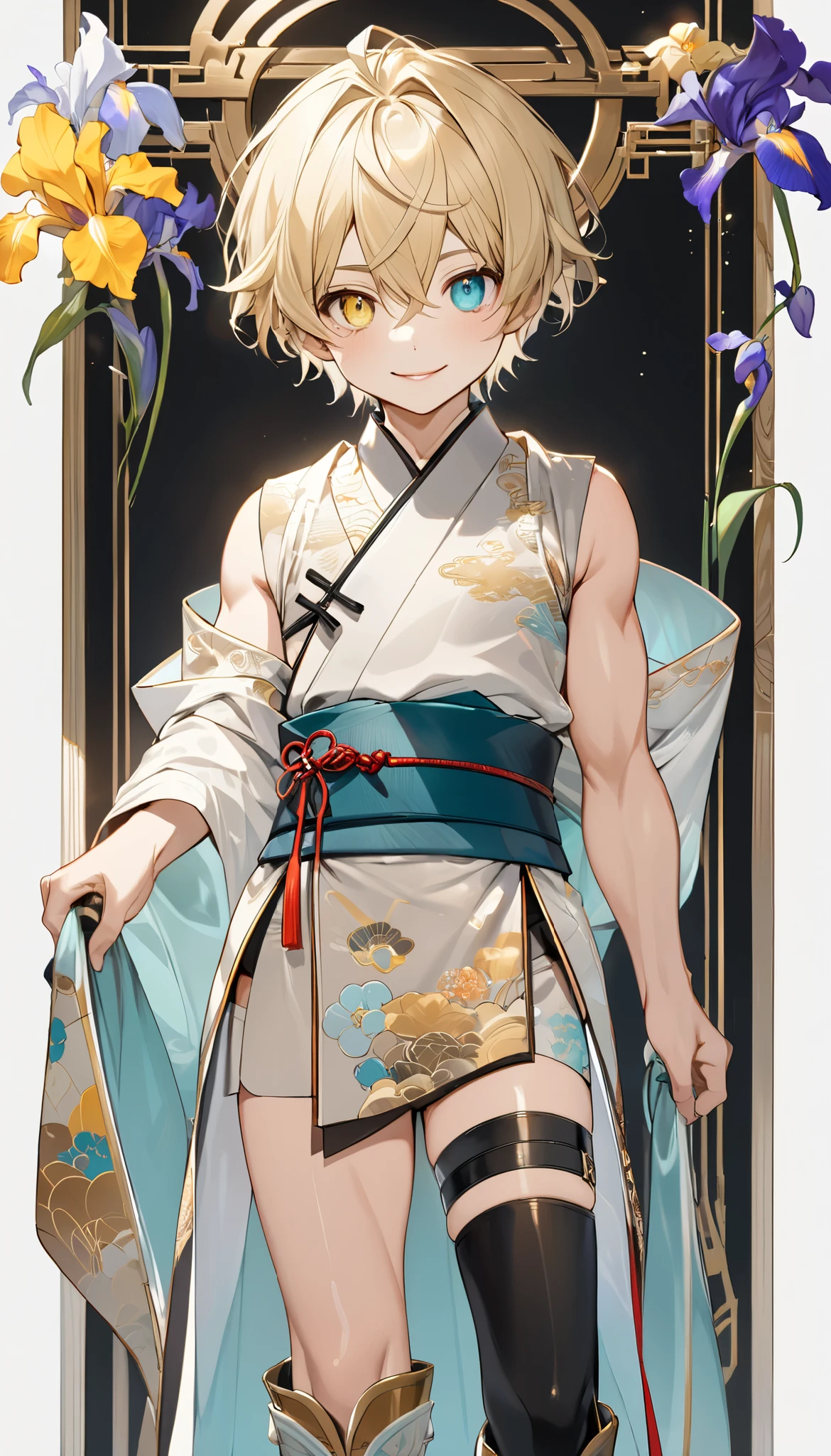 fresh illustration ,
Superfine painting,
very delicate illustration ,
Very fine details ,
1boy ,
(( standing))
Alone,
Height: 158cm,
Beige Skin,
Cheeks are ruddy,
((The iris on the left is medium aquamarine and the iris on the right is yellow ))
((Complete iris heterochromia )),
beautiful eyes,
large black pupils ,
Short short hair,
Blonde,
the tips of the hair are whitish ,
The hair has gradation ,
shiny hair with makeup,
young but beautiful and bewitching face ,
The lips are extremely small,
is smiling,
a small halo that shines brightly on the head ,
the tips of the eyebrows are slightly lowered ,
the upper body is worn in kimono ,
thin pectoral muscle,
six pack,
ddler body type,
Slim waist,
thin legs ,
The lower body is long, transparent clothing in the style of a Chinese dress with slits on both hips,
The color of the obi is red ,,
the obi is tastefully embroidered with silver thread ,
fine fabric clothing ,
Jockstrap underwear claims to be male,
the thigh strap cuts into the skin ,
Are the tips of long boots Japanese style,
Isometric,
golden ratio,
god々 atmosphere,
wearing a padded collar innerwear ,
white background,
tactical use of shadows ,
the ring of the head and hair fit inside the frame ,
Clothes fit inside the frame ,
(( full shot))
facing the front,