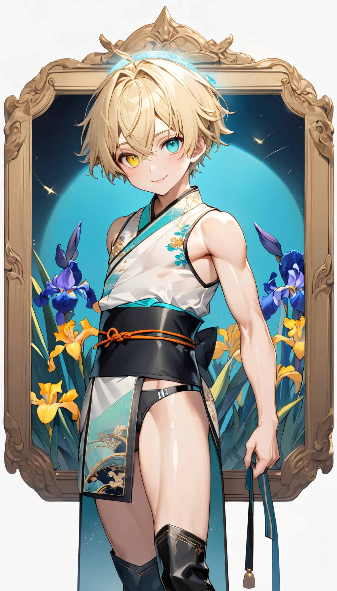 fresh illustration ,
Superfine painting,
very delicate illustration ,
Very fine details ,
1boy ,
(( standing))
Alone,
Height: 158cm,
Beige Skin,
Cheeks are ruddy,
((The iris on the left is medium aquamarine and the iris on the right is yellow ))
((Complete iris heterochromia )),
beautiful eyes,
large black pupils ,
Short short hair,
Blonde,
the tips of the hair are whitish ,
The hair has gradation ,
shiny hair with makeup,
young but beautiful and bewitching face ,
The lips are extremely small,
is smiling,
a small halo that shines brightly on the head ,
the tips of the eyebrows are slightly lowered ,
the upper body is worn in kimono ,
thin pectoral muscle,
six pack,
toddler body type,
Slim waist,
thin legs ,
The lower body is long, transparent clothing in the style of a Chinese dress with slits on both hips,
The color of the obi is red ,,
the obi is tastefully embroidered with silver thread ,
fine fabric clothing ,
Jockstrap underwear claims to be male,
the thigh strap cuts into the skin ,
Are the tips of long boots Japanese style,
Isometric,
golden ratio,
god々 atmosphere,
wearing a padded collar innerwear ,
white background,
tactical use of shadows ,
the ring of the head and hair fit inside the frame ,
Clothes fit inside the frame ,
(( full shot))
facing the front,