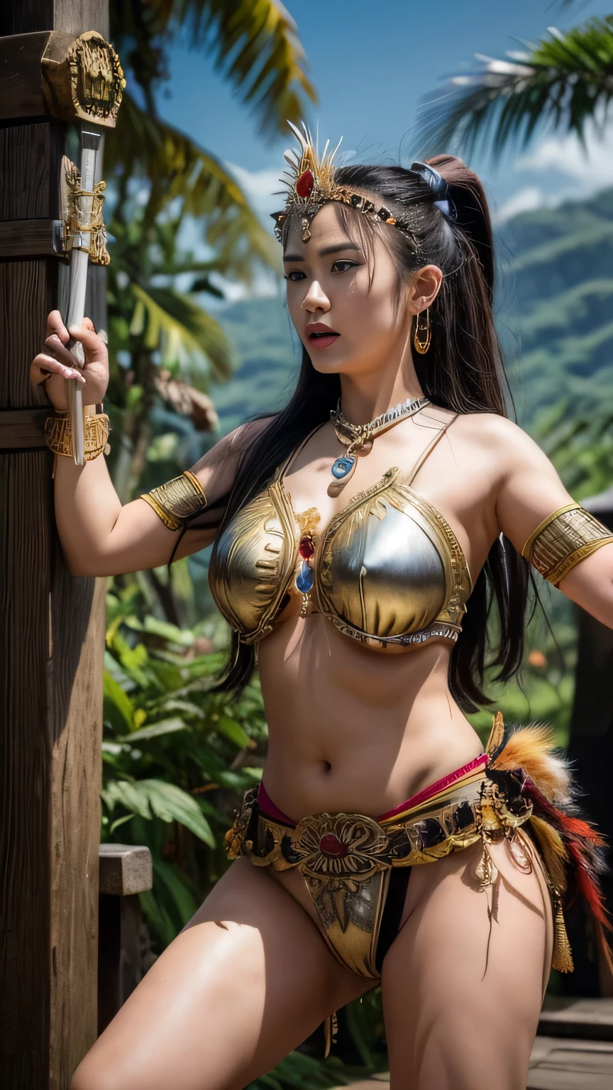 (best quality,4k,8k,highres,masterpiece:1.2),ultra-detailed,realistic,beautiful Indonesian woman warrior,expressive eyes,painted face,detailed warrior attire,intricate headdress,golden jewelry,dazzling sword,speaking power and strength,ancient traditions and culture,passionate and fearless fighter,commanding presence in the battlefield,mythical and mystical elements,rich colors of the Indonesian landscape,dramatic lighting,traditional Indonesian motifs,traditional weapons and armor,tribal markings on the body,graceful movements,warrior surrounded by lush tropical forest and exotic animals,embodying the spirit of the Indonesian warrior legends