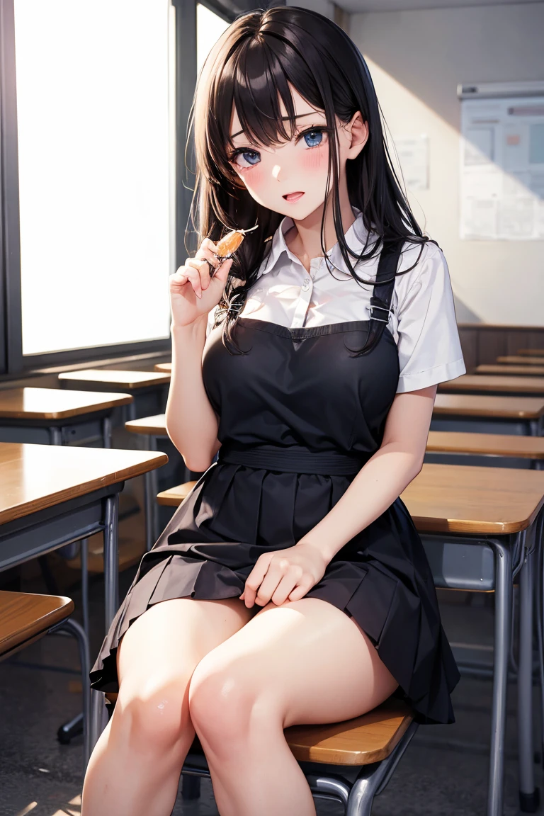 Professional women, 1 girl, make out, (shiny big), Backlight, (bangs), (Sweaty: 1.3), Blur the background, underwear, Photo of a 20-year-old woman, panties, lace panties, Sitting, Panty shot, Spread your legs, skirt, , white panties, socks, Black Hair, shirt, Blurred, Blurred背景, Knee-length, white shirt, loafers, Realistic, lips, black socks, tie, pleated skirt, bow, Headrest, landscape, Brown footwear, masterpiece, highest quality, Very detailed, after school school, Dark blue V-neck knit vest, Sitting on a chair in the classroom and spreading your legs,Second dimension beautiful girl、Slender figure、Big Breasts、Perfect proportions
