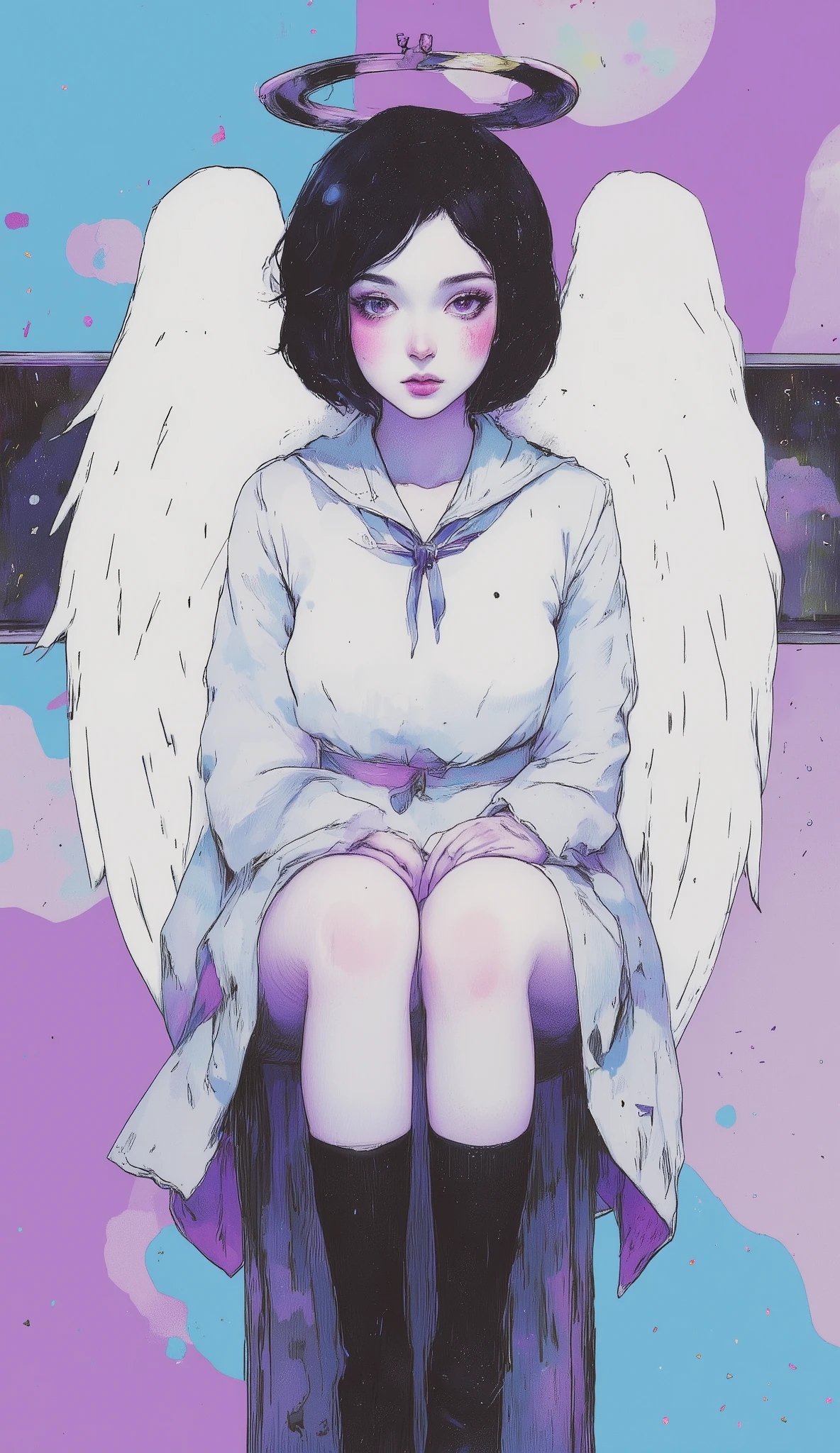 Black Hair,short hair,black eye,angel's wing,Black clothes,Gender unknown,Expressionless,The lines are a little rough, best quality, masterpiece, 748cmstyle, 1girl , angel wings, white skirt, glitch, halo, bandaid on leg, black hair, barcode, school uniform, white neckerchief, black socks, long sleeves, medium hair, black shirt, dot mouth, white sailor collar, pleated skirt, serafuku, purple eyes, gauze, white wings, simple background, sitting, looking at viewer, blue background, blunt bangs, pale skin, sleeves past wrists, blush, long bangs, feet out of frame, kneehighs, feathered wings, ear piercing, knees up, no mouth, english text, bandaid on knee, colored inner hair, head tilt, bandages, empty eyes, sidelocks, purple background, Cybergoth、neon light、whole body立ち絵、neon lightの縁取り、 Multicolor 、レッドneon light、The giant size 、 scythe is beautifully decorated 、 Devil's wings grow from the waist 、blue rose fractal art、Bright red full moon、 Red Light Reflection 、
Info