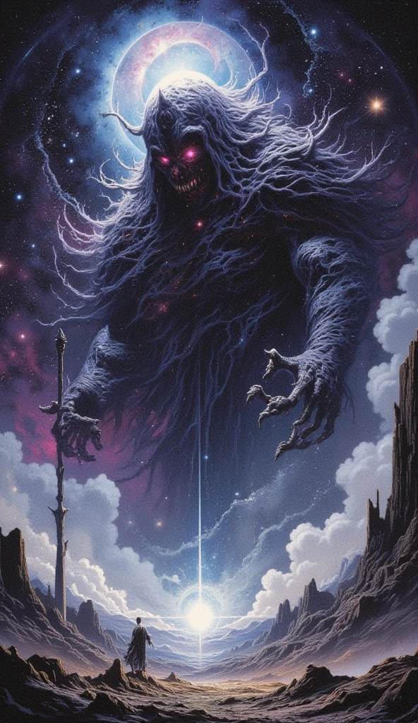 evil incarnate, cosmic horror, tarot card style,(art inspired by Bill Sienkiewicz). oil painting)