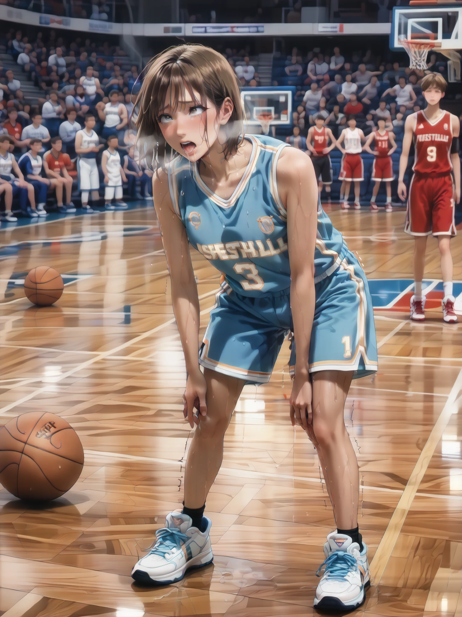 Woman basketball game, basketball uniform, brown bob hair, leaning forward, blush, full body, (embarrassed expression:1.3), (sweaty:1.7), (hard breathing:1.5), (Saliva:1.5), mouth hold, (Trembling at sexual climax:1.5), (motion:line:1.5), spit take, endured face,