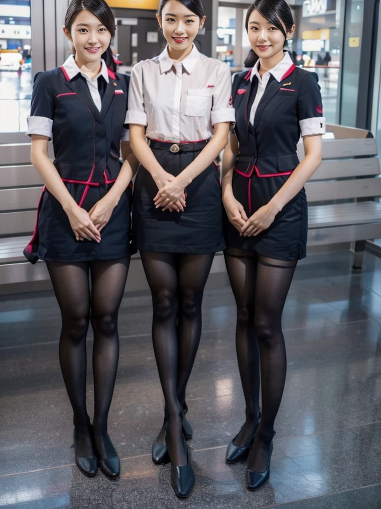 (A close-up photo of two Japanese stewardesses), cabincrew, 20-years-old, (Standing closely), in the airport, (In the morning), (Both smiling), (Both looking at the camera), best quality, masterpiece, ((stockings)), (Wearing dark jal uniform), (((Double eyelids))), (Bangs down), Hair tied-up, ((Big beady eyes)), (((taking off clothes and exposing breasts and nipples))), (((Both topless nudists)))