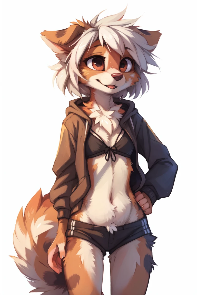 (((White background, no background))), High quality, 8K, by kenket, by swaybat, by reysi, by Zackary911, by hyattlen, by teranen, by fumiko, by Pixelsketcher, by Bayard Wu, by Einshelm, by Kilinah, by Hioshiru, by fluff-kevlar, by Dimwitdog, Furry, Anthro, solo, ((australian shepard)), ((female)), ((young)), fluffy tail, ((slender)), ((short white hair)), chest fluff, short, small breasts, pink panties, oversized long hoodie