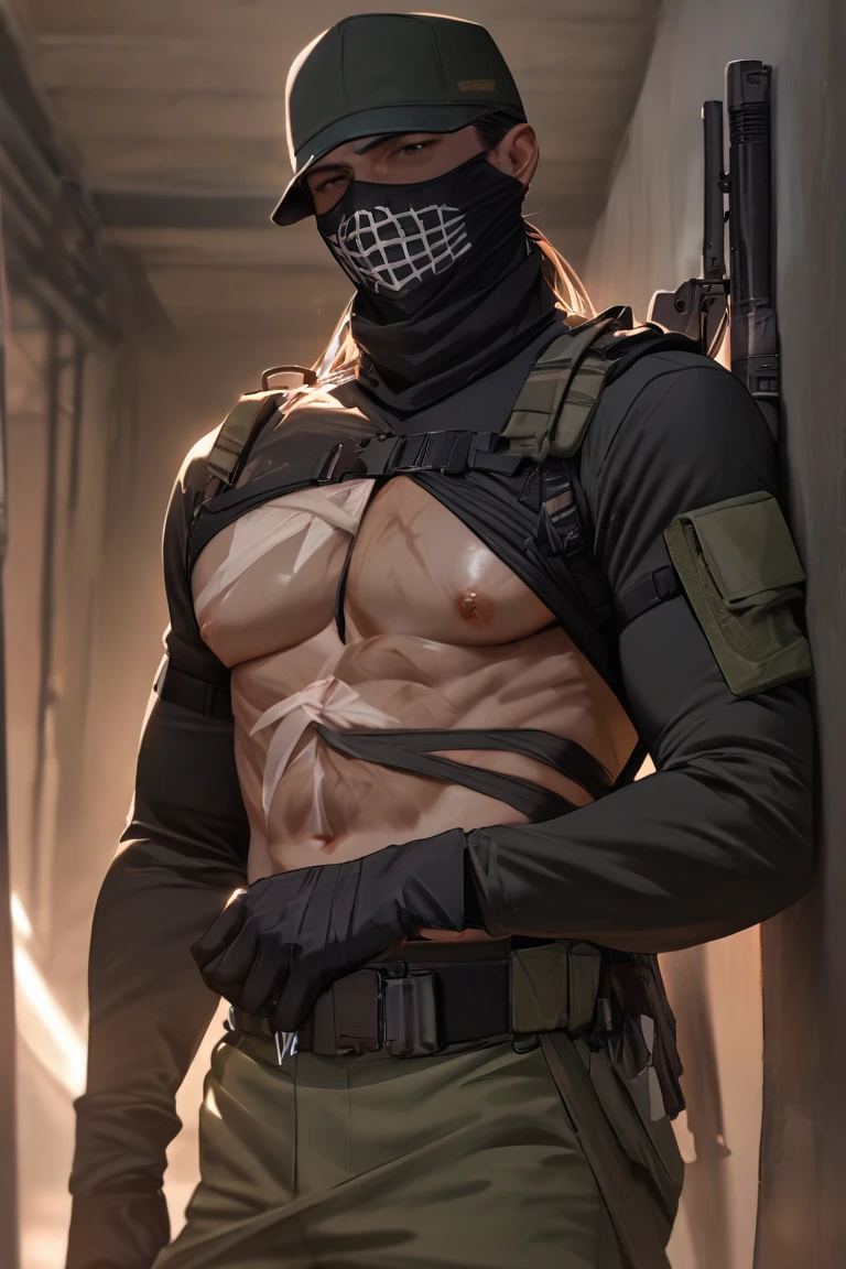 SWAT fighter, blue cargo pants, young male, 16yo, full body view, square masculine face, masterpiece, best quality, ralistic, topless, balaclava