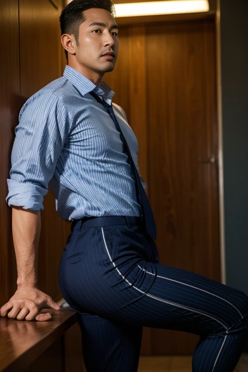 40-year-old boy Japanese muscular male in light blue formal shirt......... wearing police cap, wearing navy blue trouser ...........gooning seductive expression.................... dripping on body and pants...................., arching back............... looking back to the camera. [[ big unrealistic butt,]] hairy legs.................. muscular thigh......................close up on butt........low angle camera.......... muscular thigh........... night dark alley