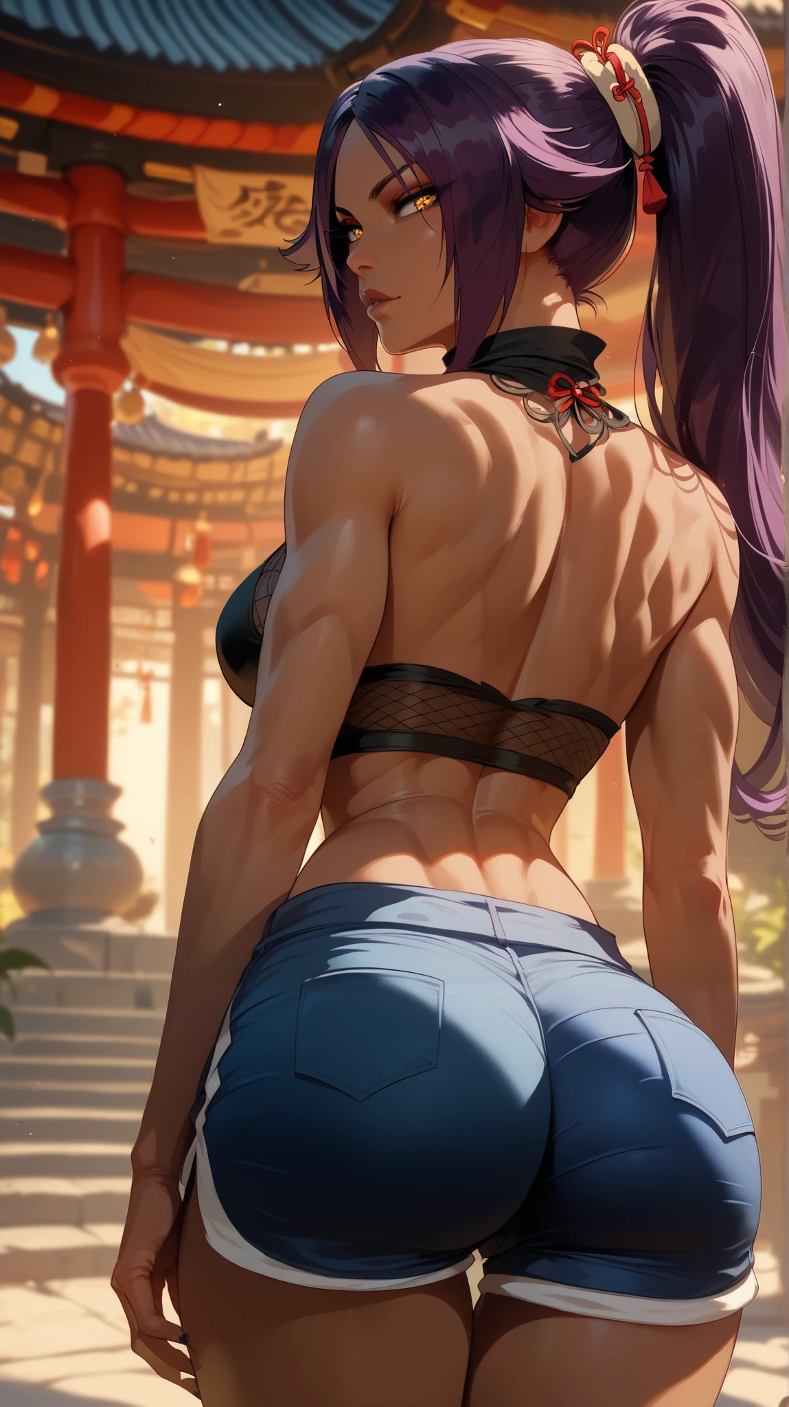 estilo Yoruichi Shihouin, perfect eyes, perfectly sexy face, ultra detailed, ultra perfect eyes , big beautiful woman , rear view , dark blue shorts, Body, looking at the spectator,