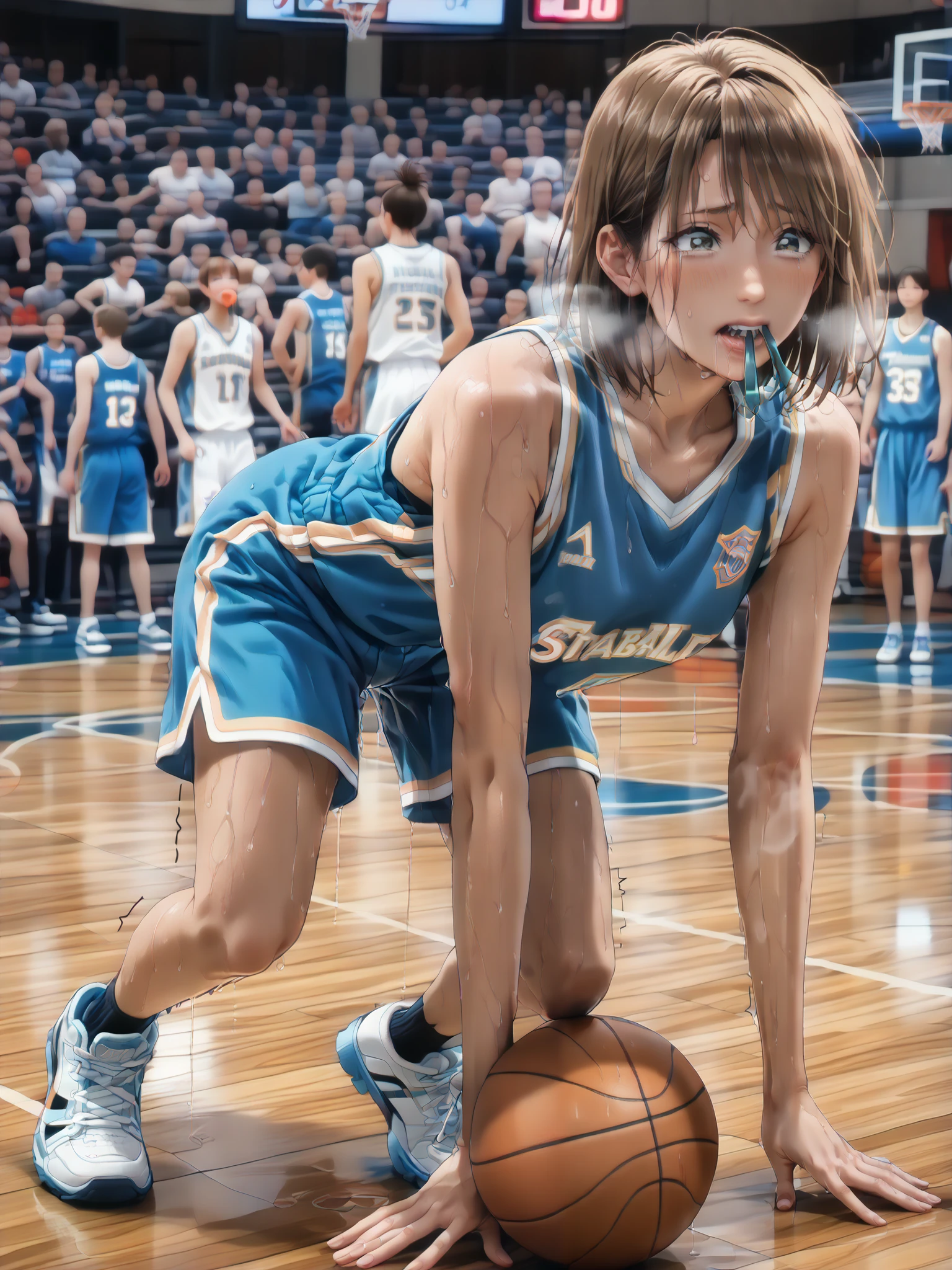 Woman basketball game, basketball uniform, brown bob hair, leaning forward, blush, full body, (embarrassed expression:1.3), (sweaty:1.7), (hard breathing:1.5), (Saliva:1.5), (mouth hold:1.5), (Trembling at sexual climax:1.5), (motion:line:1.5), spit take, endured face,