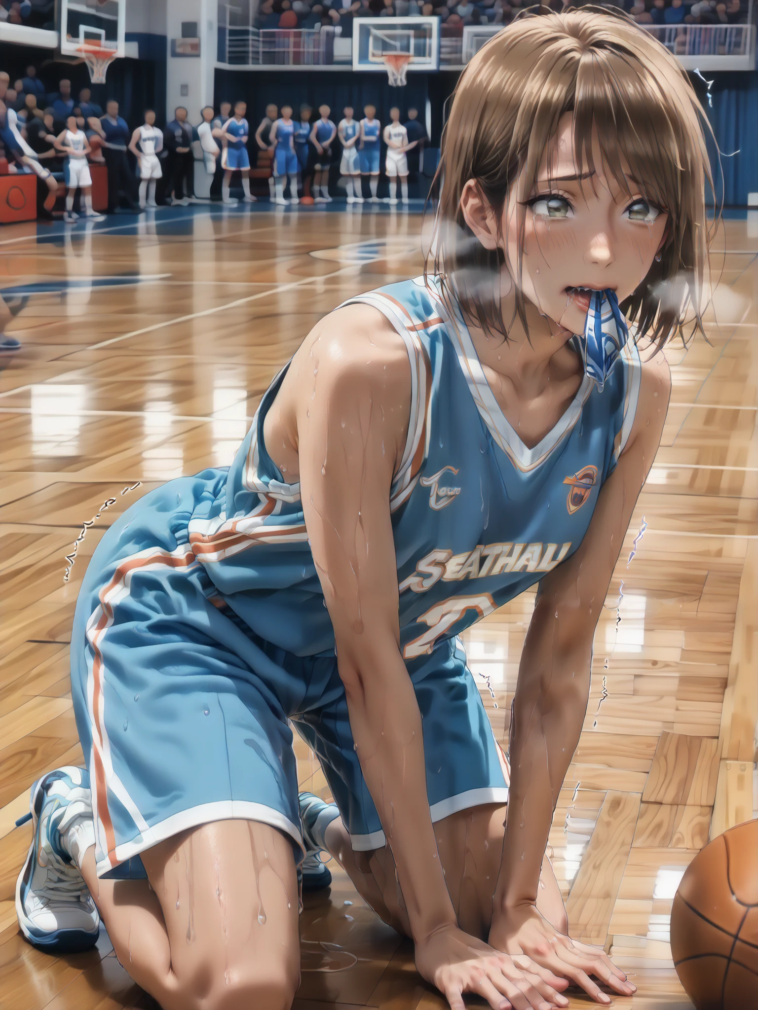 Woman basketball game, basketball uniform, brown bob hair, leaning forward, blush, full body, (embarrassed expression:1.3), (sweaty:1.7), (hard breathing:1.5), (Saliva:1.5), (mouth hold:1.5), (Trembling at sexual climax:1.5), (motion:line:1.5), spit take, endured face,