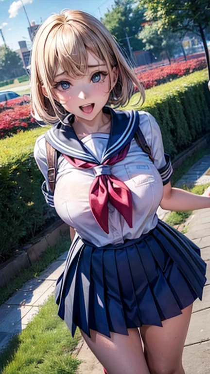 Realistic, Outdoor, 1 wall, Wide-angle,One Girl, blonde、High ponytail、shy, Embarrassing, ((blush)), (Completely torn costume:1.5), In the crowd、male、Humiliated, The expression of holding in pee、Embarrassing,( surprised:1.3), 、Wide-angle, throw, From below, high school girl、Sailor suit、2. Please raise your hand,Handcuffs on both hands、Raise your arms above your head、 Hands tied to the wall, Leaning against a wall, black pleated mini skirt、(Torn clothes)、Big Breasts, (masterpiece),On my knees、Excessive , Bukkake, ( Semen is sprayed all over the body)