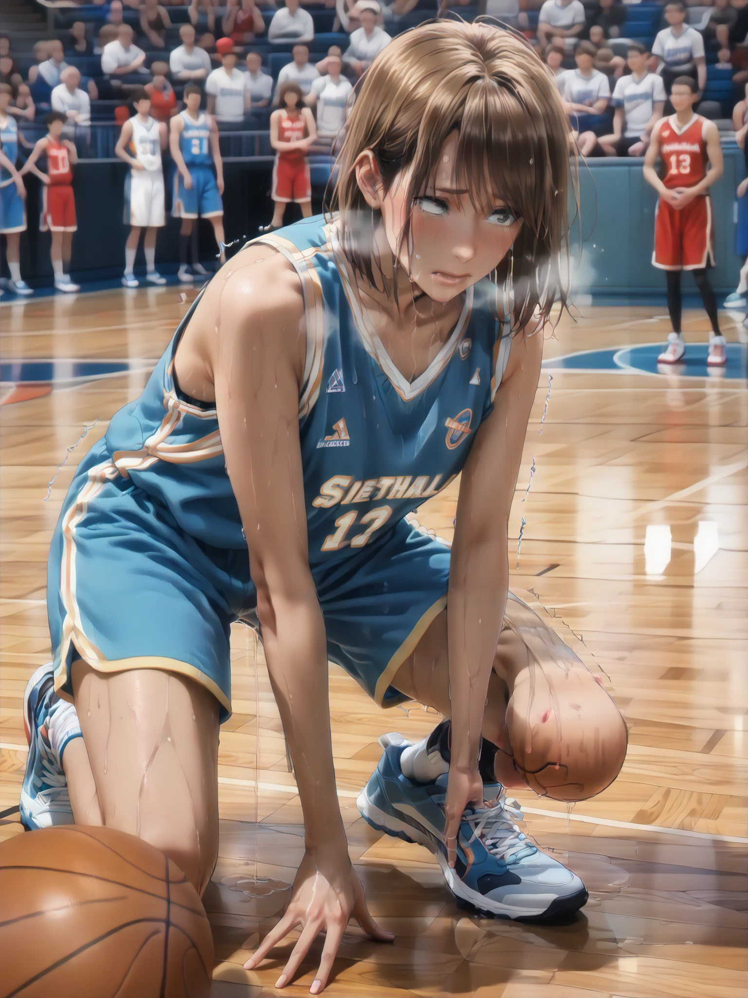 Woman basketball game, basketball uniform, brown bob hair, leaning forward, blush, full body, (embarrassed expression:1.3), (sweaty:1.7), (hard breathing:1.5), (Saliva:1.5), (closed mouth:1.5), (Trembling at sexual climax:1.5), (motion:line:1.5), spit take, endured face,