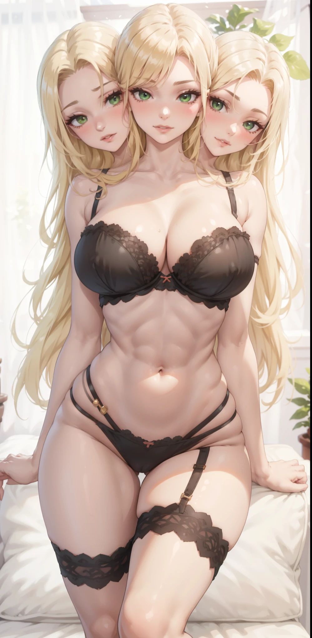 Very detailed、highest quality、Best image quality、masterpiece、8k、Sparkling blue eyes、Anime Face、A kind smile、(Open your mouth)、(Blonde long hair:1.5)、(SFW Giant:1.5)、(Big Tits:1.3)、Cowboy Shot、(Black Lingerie:1.5)、(Muscles of the whole body)、(necklace)、(topless)、(Big Breasts)、NSFW、(Arm Covers)、(Garter Straps)