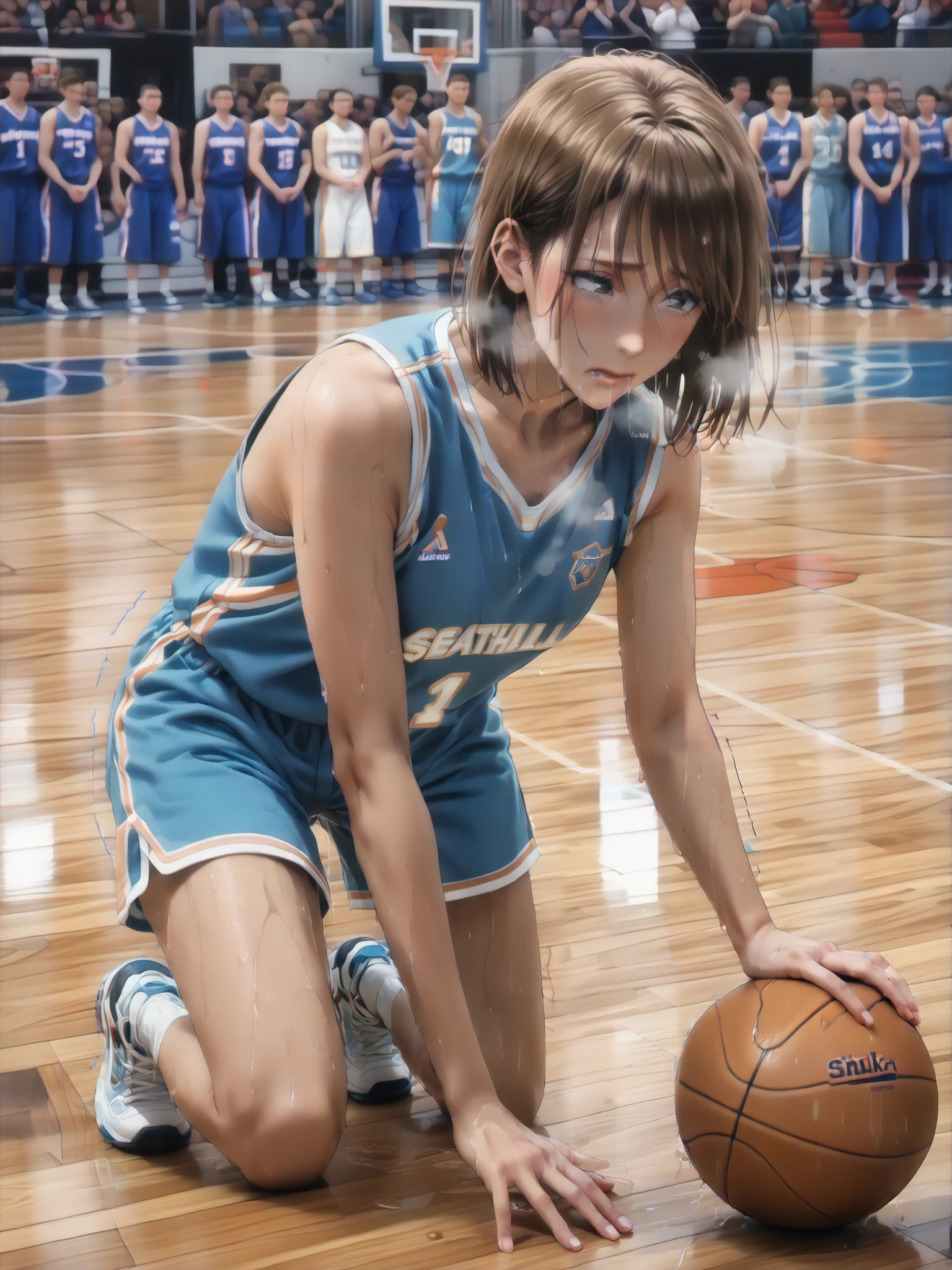 Woman basketball game, basketball uniform, brown bob hair, leaning forward, blush, full body, (embarrassed expression:1.3), (sweaty:1.7), (hard breathing:1.5), (Saliva:1.5), (closed mouth:1.5), (Trembling at sexual climax:1.5), (motion:line:1.5), spit take, endured face,